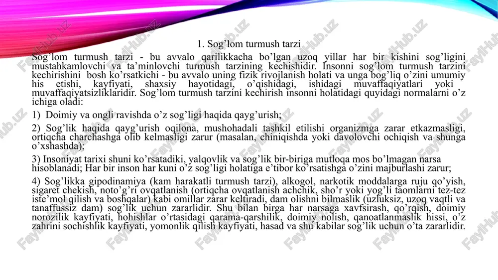 mayishi yoki gipokineziya hisoblanadi. maktab yoshidagi gipokineziya bolani kundalik mehnat va dam olish tartibini ratsional tashkil etilmaganligi, kunlik topshiriklarni ortiqchaligi bilan bog’liq va buning natijasida bolani sayr qilishga kam vaqti qoladi. gipokineziya talabalar muhitiga ham xaraktyerli holatdir. qator hollarda gipokineziyani bir joyda yotishni talab qiladigan kasalliklar ham keltirib chiqaradi. bunday sharoitda organizmdagi barcha muskullarda yuklama kamayadi. texnik taraqqiyot bir tomondan hayotni bir muncha yengillashtirsada ikkinchi tomondan organizmga yetarlicha zarar ham etkazadi. u mo’shaklarni och qolishiga sharoit yaratadi, atrof-muhitni zararli ta’siriga organizm qarshiligini pasayishini tezlatadi. yosh o’tishi bilan bu holat chuqurlashib boradi va inson organizmini emiradi. ko’pgina davlatlarning olimlari olib borgan tadqiqotlar natijasida harakatlanish faolligining etarli bo’lmasligi yurak-qon tomirlari kasalligini paydo bo’lishida asosiy omil bo’ladi. ko’pgina mamlakatlarning olimlari tomonidan olib borilgan tadqiqotlar kam harakat qiladigan 40 yoshdan oshgan odamlarni gipyertonik va atyerosklyeroz kasalliklariga chalinishi 2 baravar ko’p bo’lishini ko’rsatadi. statistik ma’lumotlar shuni ko’rsatadiki, 80 % aholi jismoniy yuklama etarli bo’lmagan turmush …