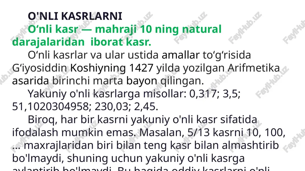 3 o'nlik kasrdagi 3 raqami o'ndan uch qismini, 0,0003 o'nli kasrda - uch o'n mingdan bir qismini va 30 000,152 o'nlik kasrda - uch o'n mingni anglatadi. shunday qilib, biz gaplashishimiz mumkin kasrlar, shuningdek natural sonlardagi raqamlar haqida. o'nli kasrdagi o'nli kasrgacha bo'lgan raqamlarning nomlari natural sonlardagi raqamlarning nomlari bilan to'liq mos keladi. o'nli kasrdan keyingi kasrlarning nomlarini esa quyidagidan ko'rish mumkin.. masalan, 37,051 o‘nlik kasrda 3 raqami o‘nlik, birliklar qatorida 7, o‘ninchi o‘rinda 0, yuzinchi o‘rinda 5, minglik qatorida 1 raqami. o'nli kasrlardagi o'rinlar ham ustunlik jihatidan farq qiladi. agar o'nli kasrni yozishda biz raqamdan raqamga chapdan o'ngga o'tsak, u holda biz 0 dan harakat qilamiz. masalan, yuzlar o‘rinlari o‘ninchi o‘rinlardan kattaroq, millionlar o‘rinlari esa yuzinchi o‘rinlardan pastroq. berilgan yakuniy o'nlik kasrda biz katta va kichik raqamlar haqida gapirishimiz mumkin. masalan, o'nlik kasrda 604,9387 katta (eng yuqori) joy yuzlab joy, va kichik (eng past)- o'n minglik raqam. o'nli kasrlar …