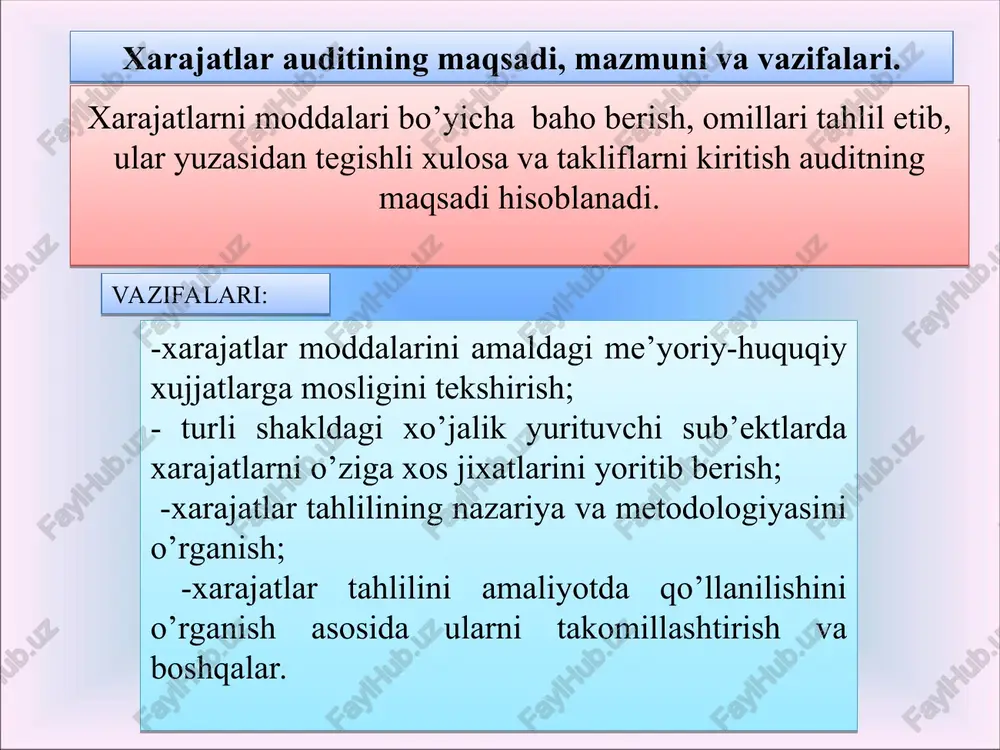 hi auditorlar ishlari sifati ustidan nazorat o’rnatishi; - auditorlik amallarini bajarish bilan bog’liq uslubiy masalalarni tushuntirish. mahsulot (ishlar, xizmatlar)ning ishlab chiqarish tannarxini hosil qiluvchi xarajatlar ularning iqtisodiy mazmuniga ko’ra: ishlab chiqarish moddiy xarajatlar; ishlab chiqarish xususiyatiga ega bo’lgan mehnatga haq to’lash xarajatlari; ishlab chiqarishga tegishli bo’lgan ijtimoiy sug’urtaga ajratmalar; asosiy fondlar va ishlab chiqarish ahamiyatiga ega bo’lgan nomoddiy aktivlar amortizatsiyasi; ishlab chiqarish ahamiyatiga ega bo’lgan boshqa xarajatlar. ishlab chiqarish xarajatlarining iqtisodiy elementlari va kalkulyatsiya moddalari bo’yicha turkumlanishi xarajatlarning iqtisodiy elementlari mahsulot tannarxini kalkulyatsion moddalari ishlab chiqarish xarakteridagi bevosita va bilvosita moddiy xarajatlar xom ashyo yoqilg’i elektr quvvati ehtiyot qismlar idishlar va hakozo ishlab chiqarish xarakteridagi bevosita va bilvosita mehnat haqi xarajatlari asosiy ish haqlari qo’shimcha ish haqlari ish haqiga ustamalar ishlab chiqarishga taalluqli mehnat haqidan ajratmalar ijtimoiy ta’minot bo’limiga mehnat birjasiga kasaba uyushmasiga asosiy vositalar va nomoddiy aktivlar amortizatsiyasi, eskirish xarajatlari asosiy vositalarning eskirishi nomoddiy aktivlarning eskirishi asosiy vosita va …