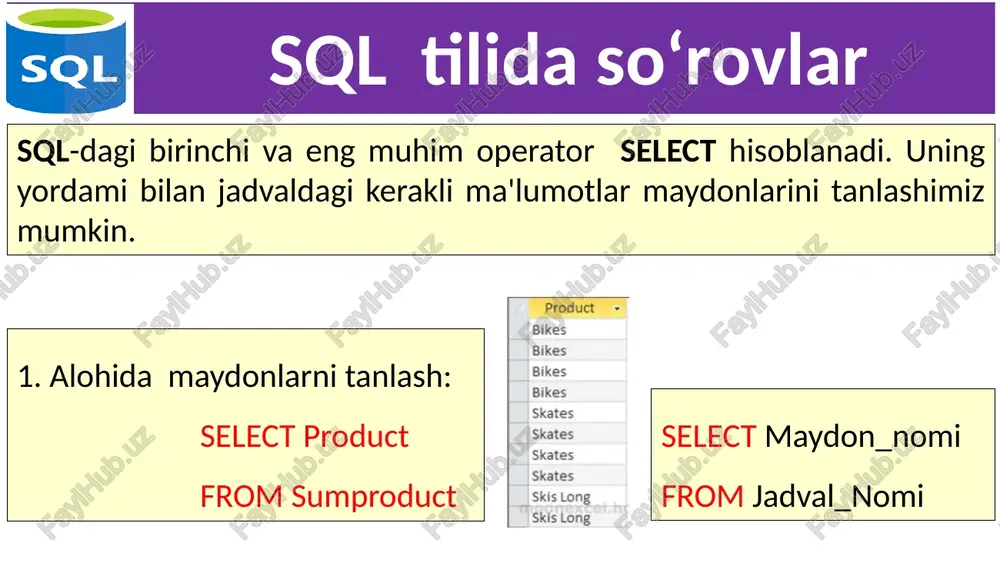 harfi bilan boshlanmaydigan yozuvlar tanlanadi: select * from sumproduct where city like '[!tn]*' 27 sql tilida so‘rovlar 15. matematik amallarni bajarish hisoblanadigan maydonlardan foydalanish usullaridan biri tanlangan ma'lumotlarga matematik amallarni bajarishdir. har bir mahsulotning o'rtacha sotish narxini hisoblaylik. buning uchun amount (summa) ustunini quantity (miqdor)ga bo‘lish kerak: select distinct product, amount/quantity from sumproduct 28 sql tilida so‘rovlar 16. psevdonimlardan foydalanish har bir mahsulotning o'rtacha sotish narxi ustuni mbbt bergan nom - expr1001 bilan aks etmoqda. so'rovda oldindan ko‘rsatgan qo'ygan holda maydonni nomlash, ya'ni psevdonim berish numkin: select distinct product, amount/quantity as avgprice from sumproduct 29 sql tilida so‘rovlar 17. maydonlarni birlashtirish (ulash) matematik amallardan tashqari, matnlarni birlashtiramiz va uni alohida maydonda aks ettirish mumkin. matnlarni ulash (birlashtirish): select month + ' ' + product as newfield, quantity from sumproduct 30 image2.png image3.jpeg image4.jpeg image5.jpeg image6.jpeg image7.jpeg image8.jpeg image9.jpeg image10.jpeg image11.png image12.jpeg image13.jpeg image14.jpeg image15.jpeg image16.jpeg image17.jpeg image18.jpeg image19.jpeg image20.png image21.png …