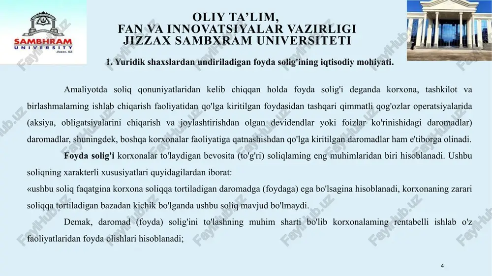 ulk solig'i, yer solig'i, yerosti boyliklaridan foydalanganlik uchun soliq, suv resurslaridan foydalanganlik uchun soliq, shuningdek, bojxona bojlari summalari 2 soliq solinadigan daromadlami (foydalarni) belgilashda jami daromaddan quyidagi chegirmalar amalga oshiriladi banklaming va boshqa moliya-kredit tashkilotlarining kreditlari uchun foiz to'lovlari summalari 3 chet el investitsiyalari ishtirokidagi korxonalar tomonidan o’zbekiston respublikasining kafolatisiz jalb etiladigan uzoq muddatli kreditlar bo'yicha foiz to'lovlari summalari 9 oliy ta’lim, fan va innovatsiyalar vazirligi jizzax sambxram universiteti 2. yuridik shaxslardan undiriladigan foyda solig'i. 4 belgilangan tartibda kiritiladigan renta to'lovlarining summasi 5 soliq solinadigan daromadlami (foydalarni) belgilashda jami daromaddan quyidagi chegirmalar amalga oshiriladi ijara haqi 6 asosiy vositalarni ta'mirlash xarajatlari majburiy sug'urta to'lovlari bo'yicha o'tkaziladigan, qonun hujjatlariga muvofiq ish haqiga hisoblangan summalar 7 mahsulotni (xizrnatlarni) sertifikatlash ishlariga xaq to'lash xarajatlari summalari 8 10 oliy ta’lim, fan va innovatsiyalar vazirligi jizzax sambxram universiteti 2. yuridik shaxslardan undiriladigan foyda solig'i. 1 kredit resurslari uchun to'lovlar, operatsiya xarajatlari, pul mablag'lari va boyliklarni …