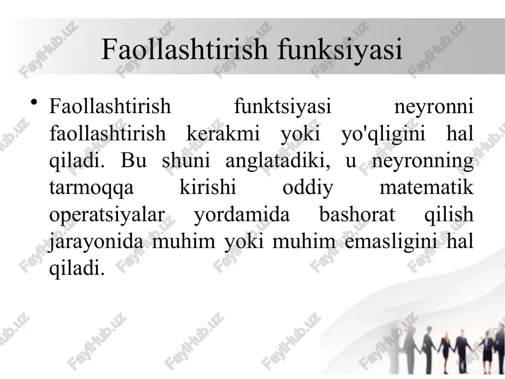 larda (deep learningda) ishlatiladigan aktivatsiya funksiyasi bo‘lib, quyidagi formula bilan ifodalanadi: f(x)=max⁡(0,x) bu degani: agar x ≤ 0 bo‘lsa, u holda chiqish 0 bo‘ladi. agar x > 0 bo‘lsa, u holda chiqish x ning o‘zi bo‘ladi. relu funksiyasiga misol misol: yugurish bo‘yicha musobaqa va faqat finish chizig‘idan o‘tganlar hisobga olinadi tasavvur qiling, marafon musobaqasi bor va har bir ishtirokchining yugurgan masofasi o‘lchanadi. biroq tizim faqat finish chizig‘i (masalan, 42 km) dan o‘tgan yuguruvchilarni hisobga oladi. relu funksiyasiga misol f(x)=max(0,x−42) bu yerda: x — yugurilgan masofa (km), f(x) — finishdan ortiqcha bosib o‘tilgan masofa (muvoffaqiyat darajasi). relu funksiyasiga misol yugurilgan masofa (km) funksiya natijasi (relu usuli) 30 max⁡(0,30−42)=0 42 max⁡(0,42−42)=0 45 max⁡(0,45−42)=3 50 max⁡(0,50−42)=8 relu funksiyasiga misol 42 km gacha bo‘lganlar — hisoblanmaydi (nol). 42 km dan ortiq yugurganlar — ortiqcha bosib o‘tilgan qismi natija sifatida olinadi. bu xuddi neyronlarda bo‘lgani kabi: "yetarli bo‘lmagan signal" – nol, "kifoya bo‘lgan signal" – …