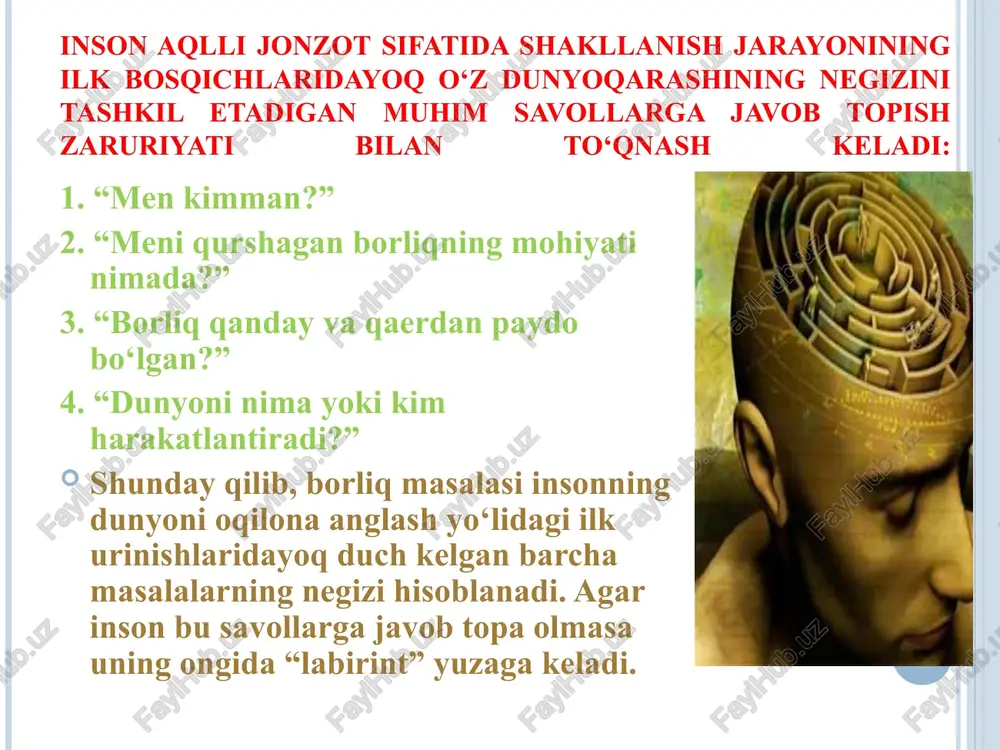 ng oraliqli (kelishuvchi) yo‘nalishi bo‘lib, bunda materializm va idealizm qutbiy (bir-birini taqozo etuvchi) munosabatda mavjud bo‘ladi. dualizm dastlab arastu ta’limotida paydo bo’lgan. biroq u idealist sifatida aniq to’xtamga kela olmagan/ mazkur yo‘nalishga xvi asrda r.dekart asos solgan. asosiy holatlari: ikkita mustaqil substansiya mavjud: moddiy (davom etish xususiyatiga ega bo‘lgan) va ma’naviy (fikrlash xususiyatiga ega bo‘lgan); dunyoda barcha narsalar u yoki bu substansiyalardan kelib chiqqan (ya’ni moddiy narsalar moddiy, ma’naviy narsalar ma’naviydan kelib chiqqan); •insonda bir vaqtning o‘zida ikkita substansiya mujassamlashgan – ham moddiy, ham ma’naviy; materiya va ong (ruh) – yagona borliqning ikki qarama-qarshi va o‘zaro bog‘liq tomonlaridir; •falsafaning asosiy masalasi (qay biri birlamchi –ongmi, materiyami) aslida mavjud emas, chunki materiya va ong bir-birini to‘ldiradi va doimo mavjud. * materiya - borliqning moddiy shakli sifatida materiya haqida fikr yuritishdan avval, bizni qurshab turgan olamning turlicha namoyon bo‘lish haqida tushunchalarga ega bo‘lishimiz lozim bo‘ladi. bizga ma’lumki, bizni qurshab turgan olam uch …