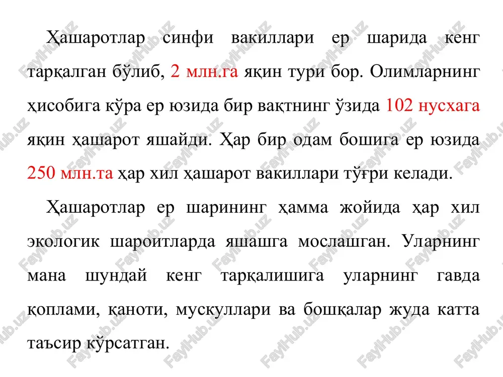 osiyo chigirtkasi qorinlarining uchidagi o'simtalari: v-erkak va g-urg'ochisi; 1-tserki; 2-grifelka; 3-anal yaproqcha; 4-genital yaproqcha; 5,6,7-sakkizinchi va o'ninchi tergitlar; 8,9- sakkizinchi va to'qqizinchi sternitlar; 10-tuxum qo'ygich. teri tuzilishi – 3 qismga bo'linadi. kutikula-terini ustki qismi bo'lib, gipodermani maxsuloti xech qanday xujayraviy tuzilishga ega emas. gipoderma-bir qavat xujayradan iborat bo'lib, teri epitelisini hosil qiladi va kutilkulaning ostida joylashgan xujayralar tsilindrik shaklida ostki tomoni o'simtali bo'ladi. bazal membranasi -yoki asosiy parda gipodermaning ostiga yopishgan bo'lib, juda yupqa, xujayraviy tuzilishga ega emas. hasharotlarning ko'krak qismi 3 bo'g'imdan iborat: oldingi ko'krak-prothorax, 1-ko'krak bo'g'imi; o'rta ko'krak-mesothorax, 2-ko'krak bo'g'imi; orqa ko'krak-metathorax, 3-ko'krak bo'g'imi. har bir bo'g'imning atrofni xitinli halqa o'rab olgan bo'lib, u 4 qismdan iborat: 1. elka yoki tepa tomoni-tergit; 2. qorin yoki pastki tomoni-sternit; 3. ikki yon tomoni-pleyrit. tergit bilan pleyritlarning birlashish joyida, 2 va 3-ko'krak bo'g'imlarida qanotlar joylashgan bo'ladi. pleyritlar bilan sternitning birlashish joylarida har bir bo'g'imda bir juftdan oyoqlari joylashgan bo'ladi. qanotlar va …