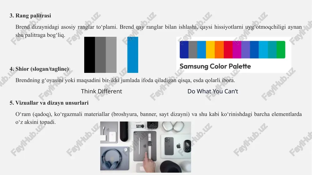 allik; funktsionallik; unikallik; kreativlik. amalda ko‘pincha logotiplar aralash ko‘rinishda: matnli va grafikli bo‘ladi. bu usul yaxshiroq yodda saqlab qolishni ta’minlaydi. tovar belgilarining tasnifi quyidagi tovar belgilari ajratib ko‘rsatiladi. a. yaqqol tasvirlash uchun xizmat qiladigan tovar belgisi yoki uning alohida elementlari iste’molchilarda reklama plakatlari yoki boshqa joylarda uchratganda u haqida ma’lum bir tasavvurlar vujudga kelishiga xizmat qiladi. odatda ular quyidagilarni ifodalaydi: muayyan tasvirlar, masalan, hayvonlar, qushlar, odamlar, jonsiz predmetlar rasmi. simvollar, masalan, doira – quyosh ramzi, uchburchak – tog‘lar va h.k. mavhum tasvirlar, masalan, chiziqlar, figuralar. ko‘pincha tovar belgilari asosida tarixiy va arxitektura motivlari yotadi. naqshli kompozitsiyalar. milliy motivlar original tovar simvollari yaratish imkoniyatini kengaytirishga imkon beradi. badiiy individual o‘zgarishdagi shrift biliklari va raqamlari. masalan, toyota kompaniyasi logotipi. tovar belgisining asosida uchta ellips, ikkitasi ichida va bittasi tashqarida bo‘lib, «t» harfini hosil qilganday tasavvur uyg‘otadi. sanab o‘tilgan elementlarning turli kompozitsiyalari. b. so‘z orqali ifodalanadigan tovar belgisi so‘z orqali ifodalanadigan xarakterga ega …