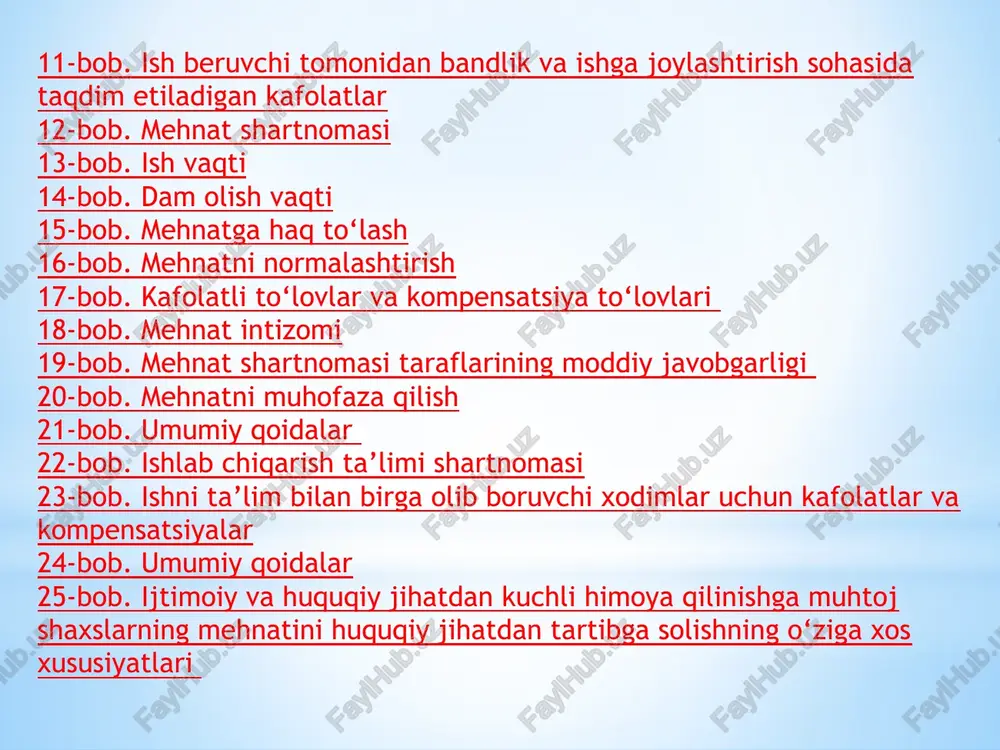 lari to‘g‘risida, shu jumladan kasb kasalliklariga va boshqa kasalliklarga chalinish xavfi, shu tufayli o‘ziga berilishi lozim bo‘lgan imtiyozlar va kompensatsiyalar, shuningdek shaxsiy va jamoaviy himoya vositalari haqida axborot olish; mehnatni muhofaza qilishning belgilangan normalariga va talablariga muvofiq ish beruvchining mablag‘lari hisobidan shaxsiy himoya vositalari bilan ta’minlanish; qonunchilikda belgilangan tartibda ishlab chiqarishdagi baxtsiz hodisalar va kasb kasalliklaridan majburiy davlat ijtimoiy sug‘urtalanish; mehnatni muhofaza qilish talablari buzilganligi oqibatida o‘z hayoti va sog‘lig‘i uchun xavf yuzaga kelgan taqdirda bunday xavf bartaraf etilguniga qadar ishlarni bajarishni rad etish; mehnatni muhofaza qilish talablari buzilganligi sababli ish joyi tugatilgan taqdirda ish beruvchining mablag‘lari hisobidan o‘qish va qayta tayyorgarlikdan o‘tish. xodim qonunchilikka muvofiq boshqa huquqlarga ham ega bo‘lishi mumkin. xodim: normativ-huquqiy hujjatlar talablariga va mehnatni muhofaza qilish qoidalariga rioya etishi; shaxsiy himoya vositalarini to‘g‘ri qo‘llashi; mehnatni muhofaza qilish bo‘yicha yo‘l-yo‘riqdan o‘tishi, mehnatni muhofaza qilish masalalari bo‘yicha o‘qishi hamda malaka oshirishi; majburiy tibbiy ko‘riklardan o‘tishi; 23-modda. ish beruvchining …