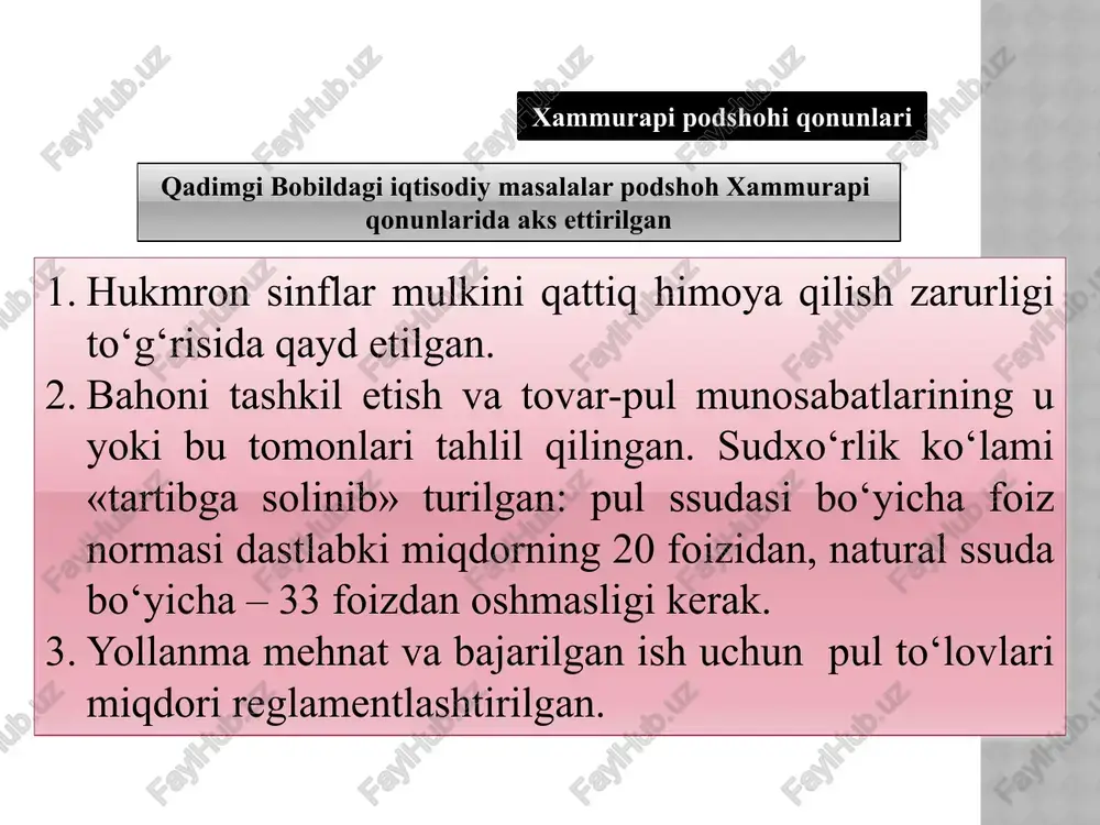 nisbatan tekis taqsimlanishi, soliqlarning me’yorida bo‘lishi, dehqonchilik ishlarida hamma o‘z vazifasini bajarishi zarur deyiladi. asosiy g‘oyalari syun-szi (miloddan avvalgi ) asosiy g‘oyalari davlatning boyishi tarafdori bo‘lgan; qonunga amal qilgan holda boylikka intilgan kishilarni qo‘llab-quvvatlagan; mehnat taqsimoti zarurligi g‘oyasi ilgari surilgan; davlatning iqtisodiy siyosati 3 ta asosiy tamoyilga asoslanishi kerakligi ta’kidlanadi: - xarajatlarni iqtisod qilish; - xalq farovonligini ta’minlash; - ortiqcha mahsulot zaxiralariga ega bo‘lish zarurligi. legistlar (qonuniy) oqimi (miloddan avvalgi 351 yy.) asosiy g‘oyalari davlatlarning birlashgan yagona davlat bo‘lishini qo‘llab-quvvatlagan; qishloq xo‘jaligi va dehqonchilik munosabatlarini rivojlantirishga alohida e’tibor qaratgan; don masalasi davlatning eng bosh masalasi deb hisoblangan; davlat ravnaqi uchun ikki masala hal etish zarurligi ko‘rsatilgan: -don masalasi; -urush (yon-atrofdagi yerlarni bosib olish); qonun yo‘li bilan yig‘ilgan don miqdoriga bog‘liq yagona soliq tizimini kiritish taklif etiladi; qonun yo‘li bilan turli “ishyoqmaslar”ni “yerga qaytarish”, ya’ni dehqonchilik bilan shug‘ullanishga, mehnat qilishga majbur etish siyosatini qo‘llash zarurligi ta’kidlanadi. guan-szi (miloddan avvalgi iv asrlar) …
