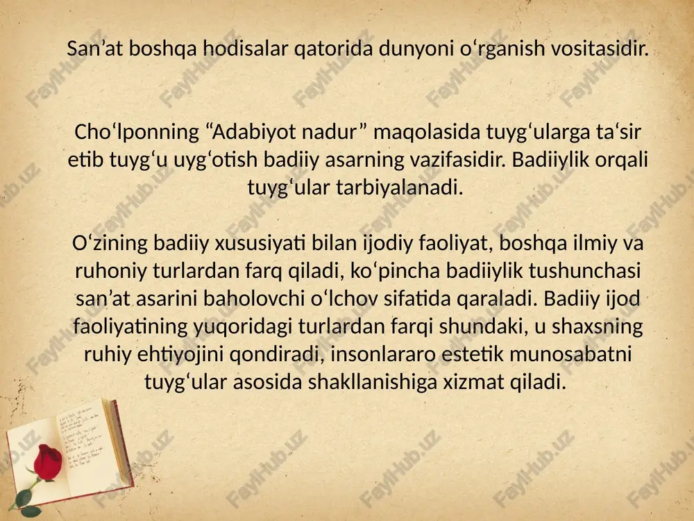 vositasida turli xalqlar bir-birining madaniyatlari bilan tanishadilar, san’atkorlari bilan muloqotga kirishadi-lar. badiiy asar o‘zining emotsional ta’siriga ko‘ra, unda tasvirlanayotgan xalqning ruhiy olamini, qalbini tushuna oladi. adabiyot insonlarni yaqinlash-tiradi, birlashtiradi. axloqiy tarbiya quroli, vositasi bo‘lishlik. katarsis, ya’ni kishi qalbini poklovchi, ezgulikka yo‘naltiruvchi vositadir. adabiyot axloqiy mezonlar-ni shakllantirib, aqliga va qalbiga ta’sir ko‘rsatadi va chin inson bo‘lishiga xizmat qiladi. badiiylik – badiiy matnning o‘ziga maxsus sifati. badiiylik asarning konseptual mohiyatidan kelib chiqadi, badiiy timsollarning mahorat bilan ishlanishini taqozo qiladi. badiiylik bu badiiy asarning matn va matnosti dasturlari hamda adabiy shakllar bo‘yicha izchil tashkillanishidir. badiiylik matnning butunligini ta’minlovchi barcha komponentlarning organik harakati bo‘lib, u matnning chuqur qatlamlariga qadar kirib boradi. bu jihatdan muallif o‘z qalbiga chuqurroq kirib borgan sari kitobxonlar qalbiga ham shunday chuqurlikda singadi. badiiylik va badiiy asarning dasturiy shakllanishi bir-biridan u qadar uzoq bo‘lmagan hodisalardir. chunki har qanday badiiy matn dasturi faqat badiiylik talablari bo‘yicha quriladi va amalga oshiriladi. shuning uchun …