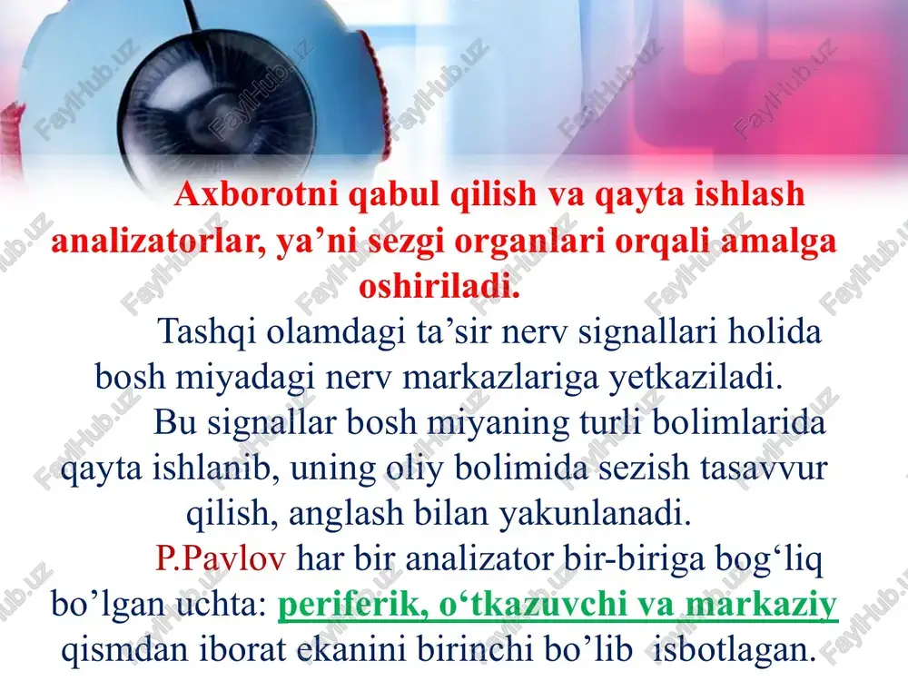 intensiv his qilishning kamayishidir. gipesteziya hamma turdagi sezuvchanlikda ѐki alohida biror turida namoѐn bo'lishi mumkin. giperesteziya – bu har xil qitiqlovchi (ta'sir qiluvchi) sabablarga sezuvchanlikni oshishidir. harorat, og'riq va boshqa retseptorlarning uyg'onish nuqtasi juda past bo'lganda vujudga keladi. giperpatiya – bu buzuq sezuvchanlik. bunda sovuq ta'sir qilinganda issiqdek tuyuladi, biror eriga sal tegib ketilsa og'rib ketganday tuyuladi va hokazo. biror tashqi ta'sirsiz ham sezuvchanlik buzilishi mumkin. masalan: paresteziya bunda sovuqni his qilish, badaning ba'zi erlari uvishib qolishi, karaxt bo'lishi, sanchish, badanda xuddi chumolilar o'rmalab yurganday bo'lishi va hokazo. ushbu holat ko'pincha organizmda qon aylanishni buzilish har xil toksinlarning ta'sirida uzilish kanallarining shikastlanishi sabab bo'ladi. praksis, uning buzilishi va tekshirish usullari. yangi tug'ilgan bolada piramida yo'lining rivojlanishi natijasida, ko'ziga birinchi bo'lib ko'ringan har qanday narsaga talpinish va ularni olish uchun ihtiѐriy harakat qilishi unda shartli reflekslar paydo bo'lganligini ko'rsatadi. bu harakatlarning qayta-qayta takrorlanishi natijasida inson o'zining butun umri davomida haѐt uchun …