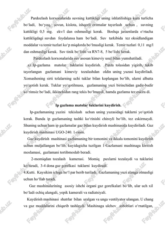 dan oldin uning yuzasi kuydiriladi. xomashening sirti tolalarning uchi tuklar bilan koplangan bo‘lib, ularni albatta yo‘qotish kerak. tuklar yo‘qotilmasa, gazlamaning yuzi birinchidan gadir-budir ko‘rimsiz bo‘ladi, ikkinchidan rang tekis bo‘lmaydi, hamda gazlama tez eskira di. ip gazlama matolar tuklarini kuydirish. ip-gazlamaning yuzini tekislash uchun uning yuzasidagi tuklarni yo‘qotish kerak. bunda ip gazlamaning tashki ko‘rinishi chiroyli bo‘lib, tez eskirmaydi. shuning uchun ham ip gazlamalar gaz bilan kuydirish mashinasida kuydiriladi. gaz kuydirish mashinasi ugo-240. 1-rasm. gaz kuydirish mashinasi gazlamaning bir tomonini va ikkala tomonini kuydirish uchun muljallangan bo‘lib, kuyidagicha tuzilgan 1-gazlamani mashinaga kiritish moslamasi, gazlamani tortibmoslab beradi. 2-momiqdan tozalash kamerasi. momiq puxlarni tozalaydi va tuklarini ko‘taradi, 3-4 dona gaz gorelkasi tuklarni kuydiradi. 4.kutti. kaysikim ichiga ho‘l par berib turiladi. gazlamaning yuzi alanga olmasligi uchun ho‘llab turadi. gaz mashinalarining asosiy ishchi organi gaz gorelkalari bo‘lib, ular uch xil bo‘ladi ochiq alangali, yepik kamerali va radiatsiyali. kuydirish mashinasi shatrlar bilan uralgan va unga ventilyator ulangan. …