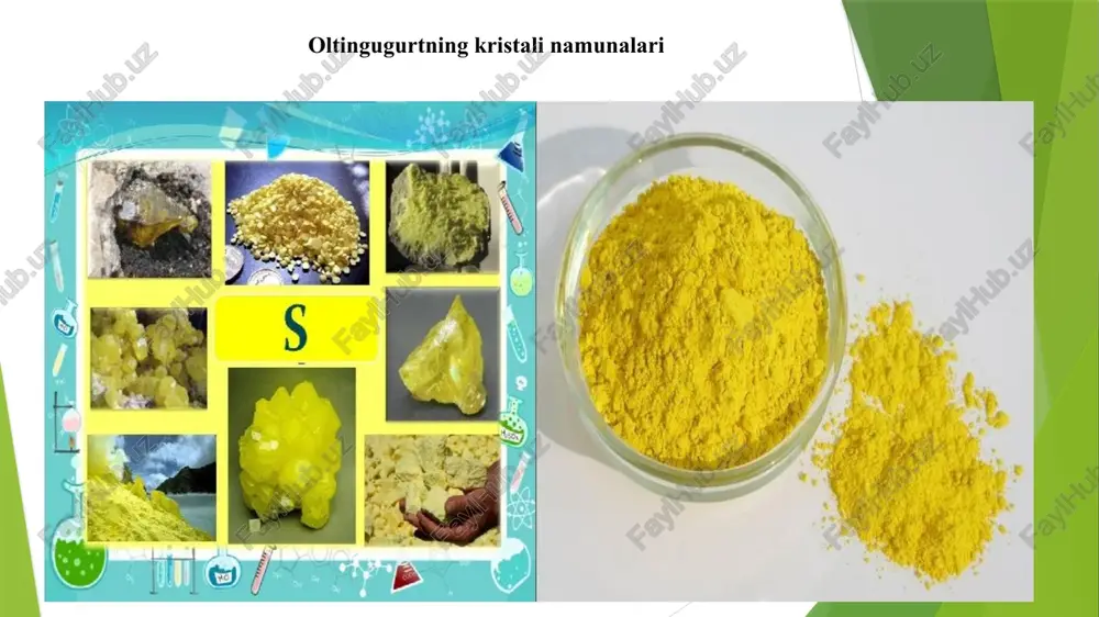 gugurtli birikmalarning (s, so2, so3, h2s) ishlatilish imkoniyatlarini izlash; chiqindi gazlarni zararsizlantirish, okava suvlarni neytrallash kabilardir. e’tiboringiz uchun raxmat! image1.jpeg image2.jpeg image3.jpeg image4.jpeg image5.jpeg image6.jpeg image7.jpeg image8.jpeg image9.jpeg image10.jpeg image11.jpeg image12.emf 4 60 80 100 20 40 60 h2s04,% so¢ 1% §5- rasm. h,o~so, sistemasining qaynash diagrammasi. i), | ee = nasadkali minoralarda so,ni nitroza bilan oksidlashda sulfat kislota olinadi. bu quyidagicha ifodalanadi: so, + n,o, + h,o = h,so,+ 2no bu jarayon suyug fazada o‘tadi va qaytmas jarayon bo‘lib hisob- lanadi. sulfat kislotaning hosil bo‘lishi bilan birga azot oksidi ajralib chigadi, u sulfat kislotada erimaydi, shuning uchun u gaz fazasiga ajralib chiqadi va shu zahotiyoq gazda mayjud kislorod bilan reaksiya- ga kirishadi: no+0, & 2no,+ 112,8 kj azot oksidlari no va no, bir-biri bilan reaksiyaga kirishib ekvimolekular aralashma hosil qiladi: no + no, & 2no, + 33,2 kj bu birikma sulfat kislota bilan yutilib nitrozil sulfat kislota hnso, hosil …