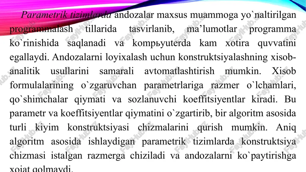 axlit buyumni nafaqat standart detallardan tuzish, balki uni sxema, chizma, rasm kabi grafik ma’lumotlarda tasvirlashni ham anglatadi. texnik eskizni konstruktiv modul va konstruktsiya detallari elementlaridan kombinator sintez jarayoni erkaklar sorochkasi, maxsus va firma kiyimlari kabi barqaror assortimentga xos buyumlarni avtomatlashgan loyihalashda muvaffaqiyatli qo`llanmoqda. andazalarni qurishni algoritmlash usuli konstruktiv modellash jarayonini avtomatlashtirish masalasini parametrik asosda hisob-analitik tipdagi ishlar vositasida yechishni ko`zda tutadi. algoritmlash usulida eskiz va konstruktsiya chizmasi muayyan parametrlar va bir qator algoritmlar bo`yicha avtomatik ravishda quriladi. model parametrlari (kiyim uzunligi, yeng bichimi, uzunligi, bort kengligi, bemalollik qo`shimchasi va boshqalar) qiymatini o`zgartirish kiyim turli detallari konstruktsiyasini avtomatik tarzda qurish imkonini beradi. biroq har bir yangi kiyim va original konstruktiv yechim uchun yangi algoritmlar zanjirini ishlab chiqish kerak bo`lib, u katta mehnat sarfini talab etadi. alt tanlash mezonlari. zamonaviy tikuvchilik sanoatida alt texnologik jarayonning ajralmas bo`g`inidir. tikuvchilik soxasidagi zamonaviy cad tizimlari soni ko`p bo`lib, ular o`zaro narxi, bajaradigan funktsiyalari, tezligi, unumdorligi, …