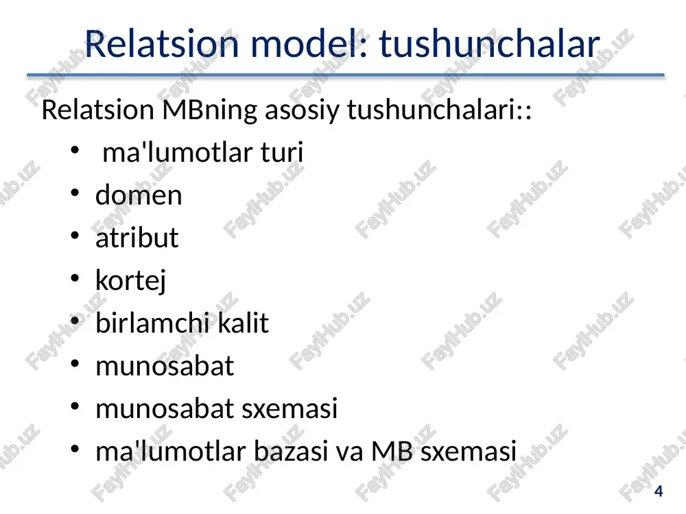 ng birlamchi kalitlarining nodirligi tekshiriladi birlamchi kalitda ishtirok etuvchi har qanday atribut aniqlanmagan qiymatni (not null) olishiga yo'l qo'yilmaydi 27 27 relatsion model: butunlik tilning butunligi shundan iboratki, relyatsion mbbti sql standartidan past bo'lmagan ma'lumotlarni tavsiflash va manipuliyalash tillari bilan ta’minlasi kerak. til butunligiga qo‘yiladigan talablar: standartga mos kelmaydigan boshqa quyi darajadagi ma'lumotlarni manipulyatsiya qilish vositalari mavjud bo'lmasligi kerak 28 28 relatsion model: butunlik havola butunligi munosabatlar o‘rtasidagi aloqalar o'rnatilganda havolaning butunligini qo‘llab-quvvatlanishini ta'minlaydi. havola butunligi qo‘yiladigan talablar: tobe munosabatda paydo bo'ladigan har bir tashqi kalit qiymati uchun asosiy munosabatda asosiy kalitning xuddi shunday qiymatiga ega bo'lgan kortej bo'lishi kerak 29 29 relatsion model: butunlik havola butunligi qo‘yiladigan talablar : ya'ni tashqi kalit qiymati quyidagilardan biri bo'lishi kerak: asosiy kalitning qiymatiga teng bo'lishi kerak butunlay aniqlanmagan (null) qiymatiga teng bo'lishi kerak 30 30 relatsion model: butunlik har bir tashqi kalit uchun quyidagilar hal qilishinishi kerak : mazkur tashqi kalit aniqlanmagan …
