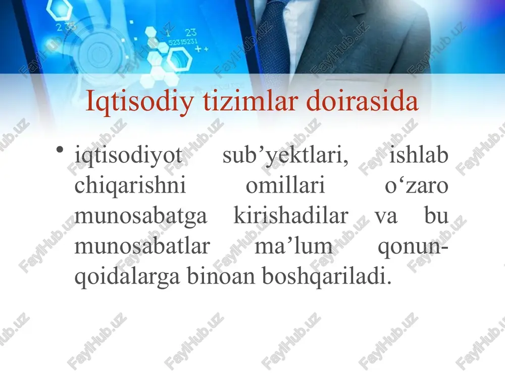 sh va raqobat kabi tamoyillarga asoslanadi. bozor tizimida daromad topish chegaralanmaydi, boy bo`lish taqiqlanmaydi, o`ziga to`q, farovon yashovchi odamlarning moddiy tengsizligi mavjud bo`ladi. bozor tizimi asosida tovar ishlab chiqarish va pul yotadi. bozor tizimi dunyoning hamma mamlakatlarida bor, lekin uning rivojlanish darajasi bir xil emas. hozirgi zamon bozor iqtisodiyoti – bu hozirgi davrda bozor iqtisodiyoti sof bozor mexanizmi va rejali iqtisodiyot, unsurlarini qo’shilishidan hosil bo’lgan aralash iqtisodiyotdir. bunda mulkchilikning har xil shakllari, tadbirkorliklar turli bo’ladi, rejalashtirish, prognozlash, aholini ijtimoiy himoyalash kuchayadi. masalan, hozirgi vaqtda xitoy xalq respublikasida davlatning markazlashgan holda iqtisodiyotga aralashuvi va rejalashtirish tizimi saqlanib qolgan holda bozor mexanizmlari qo’llanishi natijasida iqtisodiy o’sish va iqtisodiy barqarorlik ta‘minlanmoqda. iqtisodiyotni shakllantirish jarayonida kishilarni narsalarga va barcha moddiy va nomoddiy borliqqa munosabatining paydo bo’lishi mulkchilikni keltirib chiqaradi. mulkchilik munosabatlari – bu iqtisodiy va doimiy kategoriya bo’lib, bu mulkka egalik qilish, foydalanish, o’zlashtirish va tasarruf etish jarayonlarida vujudga keladigan iqtisodiy munosabatlar majmuidir. foydalanilgan …