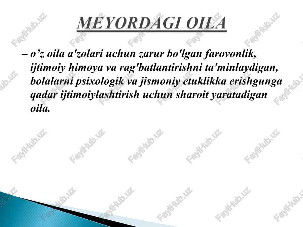 larini bitta tom ostida birlashtiradi. ayol iqtisodiy jihatdan turmush o'rtog'iga bog'liq. oilaviy rollar aniq tartibga solinadi: er (ota) —boquvchi, xotin (ona) — uy bekasi va bolalar tarbiyachisi. hamkorlik (teng huquqli, demokratik) shaxsiyatlarning adolatli, mutanosib taqsimlanishi; masalalarni hal qilish turmush o'rtoqlarning o'zaro almashinishida, o'z ustida ishlash va oila uchun muhim qarorlarni birgalikda qabul qilish, munosabatlarning hissiy boyligi. nuklear oila er, xotin va ularning farzandlaridan iborat; kengaytirilgan oila - kengaygan ittifoq: er-xotin va ularning farzandlari, shuningdek, birga yoki bir-biriga yaqin yashaydigan va oila tarkibini tashkil etuvchi boshqa avlod ota-onalari, masalan, bobo va buvilar, amakilar, amakilar, xolalar. aralash oila o'gay ota-onalar va o'gay farzandlar kiradi, chunki avvalgi nikohdan bo'lgan bolalar yangi oilaga birlashadi; « 1. qonuniy nikoh - bu oilani barpo etishga, er-xotinning shaxsiy va mulkiy huquq va majburiyatlarini vujudga keltirishga qaratilgan qonunda belgilangan tartibda tuzilgan erkak va ayolning erkin va ixtiyoriy ittifoqidir. 2. fuqarolik nikohi - (birgalikda yashash) ro'yxatga olinmagan nikohda bo'lgan …