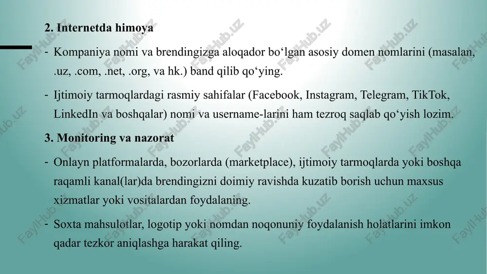 ar qanday jismoniy shaxs yoki kompaniya o‘zbekiston hududida tovar belgisini ro‘yxatdan o‘tkazish imkoniyatini ko‘rib chiqish uchun sabab hisoblanadigan mos keluchi talabnoma berishi mumkin. agar talabnoma beruvchi bir nechta markani ro‘yxatdan o‘tkazishdan manfaatdor bo‘lsa, ularning har biriga alohida talabnoma tayyorlanishi lozim. talabnomaga barcha zarur bojlar g‘aznaga kiritilganining isboti sanalgan hujjat ilova qilinishi lozim. ularning hajmi mamlakat soliq rezidentlari va norezidentlari uchun farq qiladi, bunda norezidentlar barcha zarur harakatlarni faqat patent ishonchli vakillari orqali amalga oshirish mumkin. davlat ekspertizasi rasmiy tekshiruvni nazarda tutadi. tekshiruv o‘tkazish vaqtida, agar kiritiladigan o‘zgarishlar uning mohiyatiga zid kelmaydigan bo‘lsa, talabnoma beruvchi qo‘shimcha talabnoma berishi mumkin. rasmiy tekshiruv yakunlangach, tekshirilayotgan talabnomani ro‘yxatdan o‘tkazishni rad qilishning sababi bo‘lishi mumkin bo‘lgan xuddi shunga o‘xshash ro‘yxatdan o‘tkazilgan belgilar mavjudligini aniqlash uchun zarur bo‘lgan asosiy ekspertiza amalga oshiriladi. buning uchun etti oyga teng bo‘lgan muddat ajratiladi. savdo belgisini ro‘yxatdan o‘tkazish (logotip, tovar markasi, boshqalar ixtiyoriga o‘tkazish shartnomasi va litsenziya shartnomasini ro‘yxatdan o‘tkazish) …