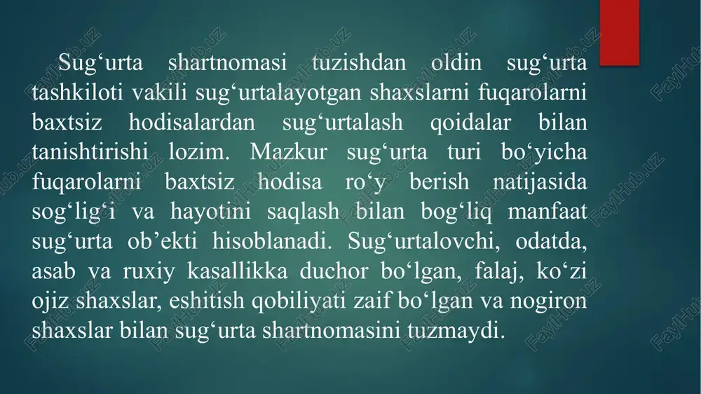 nchidan, majburiy tibbiy sug‘urta doirasida aholiga hech qanday pullik to‘lovlar amalga oshirilmaydi. moliya mablag‘lari faqat aholiga bepul ko‘rsatilgan tibbiy xizmatlar to‘loviga ishlatiladi va davlat litsenziyasi va akkreditatsiyasiga ega bo‘lgan tibbiy muassasalarga yo‘naltiriladi. ikkinchidan, majburiy tibbiy sug‘urtani tashkil etishda tijorat kompaniyalar – tibbiy sug‘urta tashkilotlari – ishtirok etadi, ularga qonunchilik bo‘yicha bevosita sug‘urtachilar vazifasi yuklatilgan. uchinchidan, majburiy tibbiy sug‘urtani moliyalashtirishda davlat byudjet mablag‘lari ham qatnashadi, chunki ijroiya hokimiyat muassasalari ishlamaydigan aholini sug‘urta qildiruvchi sifatida sug‘urtalashadi va sug‘urta badallarini majburiy tibbiy sug‘urta fondlariga to‘lashlari majbur majburiy tibbiy sug‘urta dasturi quyidagilarni ko‘zda tutadi: tibbiy va dorilik yordamni turlari va amalga oshirish shartlari; ko‘rsatiladigan xizmatlarning ro‘yxati; dastur doirasida yordam ko‘rsatadigan tibbiy tashkilotlarni ro‘yxati; tibbiy yordamning sifatiga talablar; tibbiy xizmatlarga o‘rnatilgan tartibda qabul qilingan eng yuksak tariflar. 3. transport vositalari egalarining fuqorolik javobgarligini majburiy sug‘urtasini amalga oshirishning nazariy va huquqiy asoslari 2008 yilning 22 oktyabridan kuchga kirgan “transport vositalari egalarining fuqorolik javobgarligini majburiy sug‘urta qilish …