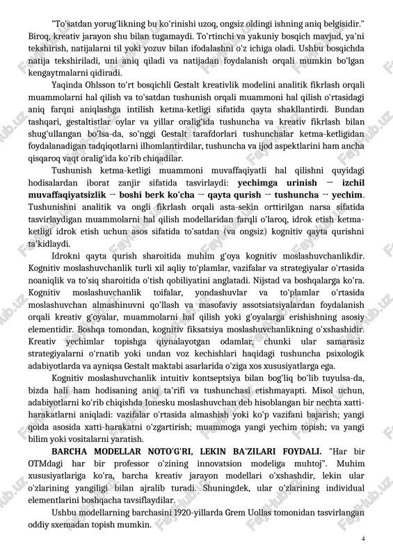 olyadan farqli o'laroq, schoenfeld va lester muammolarni hal qilishning evristikasini shaxsning mavjud bilimlari va muammoni tushunish bilan chegaralangan shaxsiy ob'ektlar sifatida tasvirlaydilar. shunga qaramay, polyaning asl modeli ham, qayta ko'rib chiqilgan model ham muammoni hal qilishni ongli va bosqichma-bosqich jarayon sifatida belgilaydi, bunda muammoni hal qiluvchi birinchi navbatda o'tmish tajribasi va ongli baholash orqali tushunchaga ega bo'ladi. umuman olganda, jarayonning birinchi bosqichi, muammo haqida dastlabki tushunchaga ega bo'lgandan so'ng, muammoni oldingi bilimlar bilan moslashtirish va yangi muammoga yechim usulini o'tkazish mumkinmi yoki yo'qligini baholashga urinishlarni talab qiladi. agar bu urinish muvaffaqiyatsiz bo'lsa, muammoni hal qiluvchi evristik usullarni qo'llashga o'tadi. evristikadan foydalanish orqali muammoni hal qiluvchi yakuniy maqsadga erishish uchun muammoning hozirgi holatini o'zgartirishga harakat qiladi. kreativlik tadqiqoti nuqtai-nazaridan, muammoni hal qilishga urinayotganda, shaxs birinchi navbatda boshqa muammolar bilan o'xshashliklarga asoslangan yechimlarni sinab ko'radi va taraqqiyotni ongli ravishda baholaydi. biroq, bu urinishlar ko'pincha muvaffaqiyatsiz bo'ladi, chunki qandaydir yangilikni talab qiladigan muammolar …
