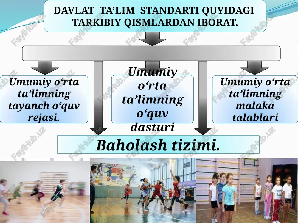 jismoniy mashqlarni bajarishdan oldin va keyin yurak urish me’yorini aniqlay oladi 3 jismoniy mashqlarni bajarish jarayonida texnika xavfsizligi qoidalariga amal qila oladi a 2 talab gimnastika sport turlari bo‘yicha turli jihoz va anjomlarning nomlarini biladi, tuzilishini tushuntira oladi hamda amaliy mashg‘ulotlarda belgilangan qoidalar asosida foydalana oladi o‘zi yoki boshqalar shikastlanganda birinchi tibbiy yordam ko‘rsatish haqida boshlang‘ich bilimga ega bo‘ladi e’tiboringiz uchun raxmat image2.png image3.jpg image4.jpeg image5.jpeg image6.jpeg image7.jpeg image8.png image9.png image10.png image11.jpeg image12.jpeg image13.jpeg image14.jpeg image15.jpeg image16.jpeg image17.jpeg image18.jpeg image19.jpeg image20.jpeg image21.jpeg image22.jpeg image23.jpeg image24.jpeg image25.jpeg image26.jpeg xalq ta'limi vazirligi 1sinf jismoniy tarbiya 66 soat xe] tint | jami |_—2chorak_[ 2-chorak s-chorak | 4-chorak ° vin! am ax [x | xi[ xi [if of ml iw 1. | nazariy dars jarayonida 2. 16 [4 -[-[-] 6 ¢],-[- 3. 4] o4 6/-|-]-|]-]-] 4 4, | har 34} 4 |3] 6f 8 |-| - | 6] 5 o’yinlar 5._[shashka 2 6. | …