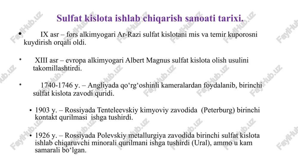tmasligi uchun avval o’lchamlari 120x120x10 mm halqalarni, so‘ngra 100x100x10 mm, 80x80x8 mm, keyin esa o’lchamlari 50x50x5 mm halqalar yotqiziladi. nasadkalar pastdan kelayotgan gaz oqimining gidravlik qarshiligini kamaytirish maqsadida to‘g‘ri qatorlar bo‘yicha yotqiziladi. sulfat kislota minoraga minora tomiga o‘rnatilgan tomchi sachratuvchi orqali kiradi, gidravlik tamba orqali esa oqib chiqadi. minoralar bir-biri bilan kislotaga chidamli po’lat qoplamali gaz o‘tkazgichlar orqali bog’langan. tomchi sachratuvchilar turli konstruksiyali bo’lib, ularning vazifasi minora kesimi bo‘yicha kislotani bir tekis taqsimlashdan iborat bo’ladi. 1 t h 2so4 ga sarf koeffitsiyentlari: kolchedan (45 % s ga hisoblaganda), kg 760 – 780 nitrat kislota, kg 20 gacha elektr energiya, kv • soat 25 – 30 suv, m3 25 – 30 navoiy kmk dk tarkibida sulfat kislota ishlab chiqaradigan zavod. sulfat kislota ishlab chiqarishda texnika xavfsizligi sulfat kislota ishlab chiqarishda oltingugurt ikki oksidi, azot oksidlari, quruq materiallar, tumansimon sulfat kislotalar bilan zaharlanish, sulfat kislota va oleumga tegib ketganda kimyoviy kuyishi, termik …