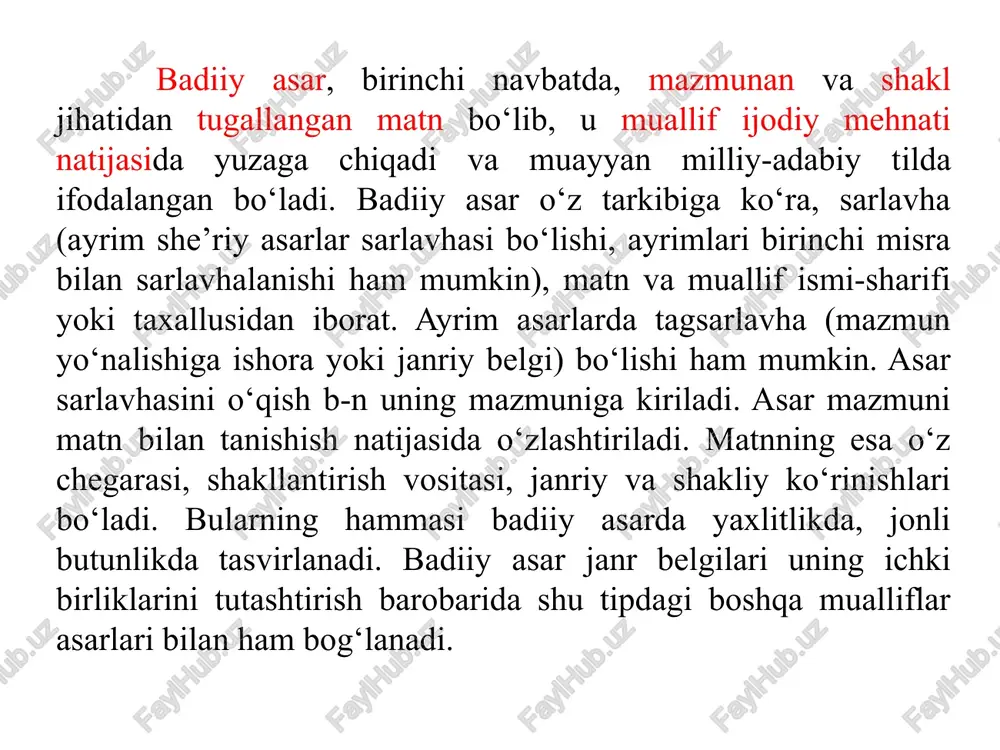 , an’analar davomiyligi, asarning ifoda uslubi belgilanadi. ko‘rinadiki, badiiy niyat asar hayot materialining qayta ishlanishidan tortib asar yozilib bo‘lgunga qadar kechgan jarayonlarni o‘z ichiga oladi. muallif niyati – badiiy ijod jarayonidagi ilk bosqich. ijodiy niyat san’atkorning voqelik b-n munosabati, voqelikni o‘zicha (o‘zining estetik ideali, dunyoqarashi, sajiyasi, madaniy-ma’rifiy darajasi, hayotiy va ijodiy tajribasi, tug‘ma iste’dodi kuvvati asosida) qabul qilishi va idrok etishi natijasi o‘laroq yuzaga keladi. badiiy to‘qima – ijodiy tafakkurning o‘ziga xos tarkibiy qismi bo‘lib, asarga olib kiriladigan real faktlar, hayot hodisalalri, arxetip va prototiplarning muayyan badiiy shaklga “joylashtirilishi”dir. bundan tashqari, badiiy to‘qima tarkibiga ijodkor taxayyuli, uning fantaziyasiga ko‘ra asarga jalb qilingan hodisa, obraz va kechinmalar ham kiradi. badiiy to‘qima istilohi rus t.dan kalkalab tarj. etilgan, turk va ozarboyjon tillarida “badiiy uydurma” deb yuritiladi. badiiy umumlashma – tasvir ob’ektining muhim jihati bo‘lib, badiiy asar uchun to‘plangan materiallarning betakror badiiy shaklda taxayyulda birlashtiri-lishi, san’atkorona qayta ishlanib, adresatga etkazish usuli. ilmiy asar-dagi …