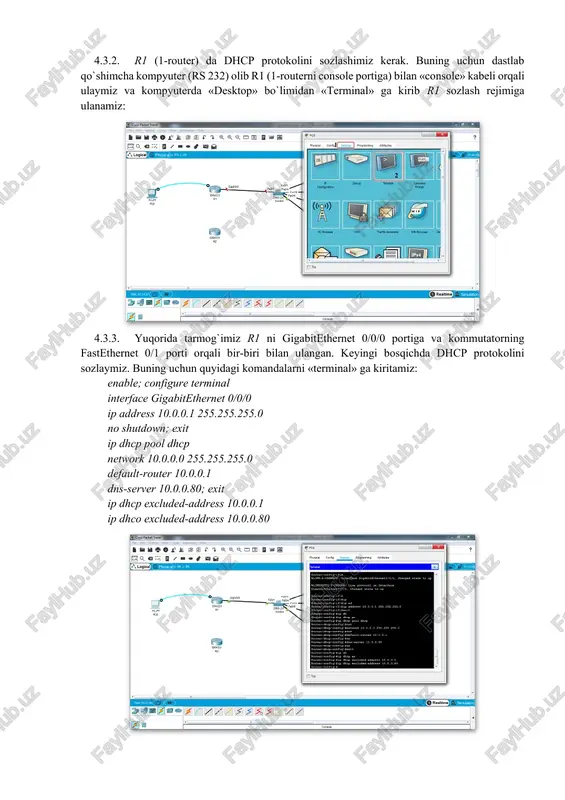 0; exit ip dhcp excluded-address 10.0.0.1 ip dhco excluded-address 10.0.0.80 4.3.4. routerimizda (r1) dhcp ni sozlap olganimizdan song kompyuterlarga kirib «desktop» tan «ip configuration» ga kirib ip addres sozlamalarini «dhcp» ga qo`yib chiqamiz: 4.3.5. shu tariqa boshqa kompyuterlarimizda ham ip addres sozlamalarini o`rnatish uchun yuqorida ko`rsatilgan amallarni bajaramiz. dhcp (dynamic host configuration protocol) – tarmoqdagi foydalanuvchilarga ip addres sozlamalarini avtomatik ravishda yani qo`lda yozmasdan kirituvchi protocol. endi faraz qilamiz «hacker» bizni tarmoqdan uzib o`zining tarmog`iga ulamoqchi yani bizga o`zining dhcp sozlamalarini kiritib biz bilan bir tarmoqda bo`lishga urinadi. bu degani tarmoqda 2 dhcp bo`ladi degani. agar «hacker» bizga o`zining dhcp sozlamalarini kiritsa sniffing dasturlarini ishga tushurib bizning malumotlarni qo`lga kirita oladi. buning oldini olish uchun biz kommutatorimizda dhcp snooping ni sozlashimiz kerak. dhcp snooping ni sozlashmizdan oldin biz «hacker» xujim jarayonini guvohi bo`lamiz. dastlab r2 (hacker routeri) da dhcp ni sozlashimiz kerak va r2 ni kommutatorga ulashimiz kerak. r2 da …