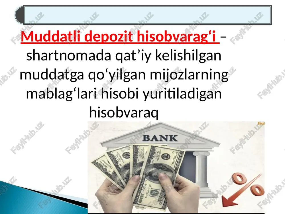 agi tadbirkorlarning muddatli depozitlari 13 20696 boshqa mijozlarning muddatli depozitlari talab qilib olinguncha saqlanadigan depozitlar(tqosd) bo‘yicha foizli xarajatlar № hv. mazmuni 1 50100 talab qilib olinguncha saqlanadigan depozitlar(tqosd) bo‘yicha foizli xarajatlar 2 50101 hukumatning budjetdan tashqari mablag‘lari asosidagi tqosd bo‘yicha foizli xarajatlar 3 50103 respublika budjetidan moliyalashtiriladigan budjet tashkilotlarining budjetdan tashqari mablag‘lari asosidagi tqosd bo‘yicha foizli xarajatlar 4 50104 mahalliy (tuman/shahar viloyat yoki qoraqalpog‘iston respublikasi) budjet hisobidan moliyalashtiriladigan budjet tashkilotlarining budjetdan tashqari mablag‘lari asosidagi tqosd bo‘yicha foizli xarajatlar 5 50106 jismoniy shaxslarning tqosd bo‘yicha foizli xarajatlar 6 50108 xususiy korxonalar, xo‘jalik shirkatlari va jamiyatlarning tqosd bo‘yicha foizli xarajatlar 7 50110 jismoniy shaxslarning bank kartalaridagi pul mablag‘lari bo‘yicha foizli xarajatlar 8 50111 davlat korxonalari, tashkilotlari va muassasalarining tqosd bo‘yicha foizli xarajatlar 9 50114 chet el kapitali ishtirokidagi korxonalarning tqosdbo‘yicha foizli xarajatlar 10 50116 nodavlat notijorat tashkilotlarining tqosd bo‘yicha foizli xarajatlar 11 50118 yakka tartibdagi tadbirkorlarning tqosd bo‘yicha foizli xarajatlar 12 50121 …