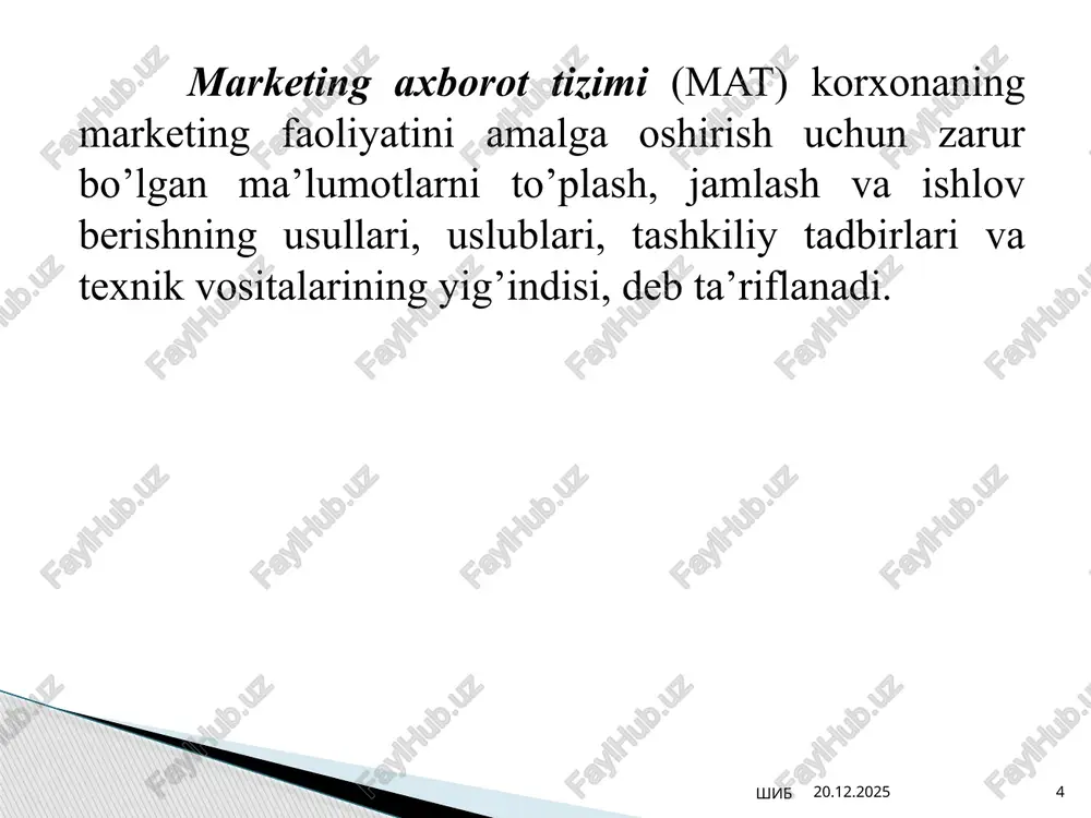 ilamchi axborotlar hajmi yetarli bo’lmasa; korxonada marketing strategiyasi va maqsadga yetaklovchi mexanizmning bir ovozdan ma’qullanmaganligi; bozor vaziyatining keskinlashuvi (korxona tovarlari va xizmatlariga talabning pasayishi, sotuv hajmi miqdorining kamayishi); yangi strategik va taktik rejalarning shakllanishida; menejerlar marketing tadbirlarini o’tkazishda, marketing harakatlarini tanlashda qiyinchiliklarga duch kelsa. 12.02.2025 shib 13 misol tariqasida pizza hut kompaniyasi mijozlariga to‘ldirish uchun taklif etilgan anketani keltiramiz. hurmatli mijozlar! bizlar sizning ovqatlarimiz sifatidan, xizmat ko‘rsatishimizdan va kompaniyamizdagi tozalikka qoniqqanigizga ishonch hosil qilishni hoxlaymiz. iltimos, bir necha minut bizlarning anketamizga vaqtingizni ayamasdan e’tibor bersangiz va quyilgan savollarga javob qaytarsangiz. biz sizning fikringizga yuqori baho beramiz. 1. siz pitssani ko‘p sotib olasizmi? haftada bir bor oyda bir bor kamdan-kam boshqasi______________ 12.02.2025 shib 14 2. siz pitssani qayerda iste’mol qilasiz? restoranda uyda ofisda boshqasi_________________ 3. sizning yoshingiz nechada? _________ 12.02.2025 shib 15 to‘plangan axborotning tahlili olingan ma’lumotlardan maksimal darajada foydali ko‘rsatkichlar olishga qaratilgan bo‘lib tadqiqotchiga yordam berib, ma’lum xulosa va natijalar …