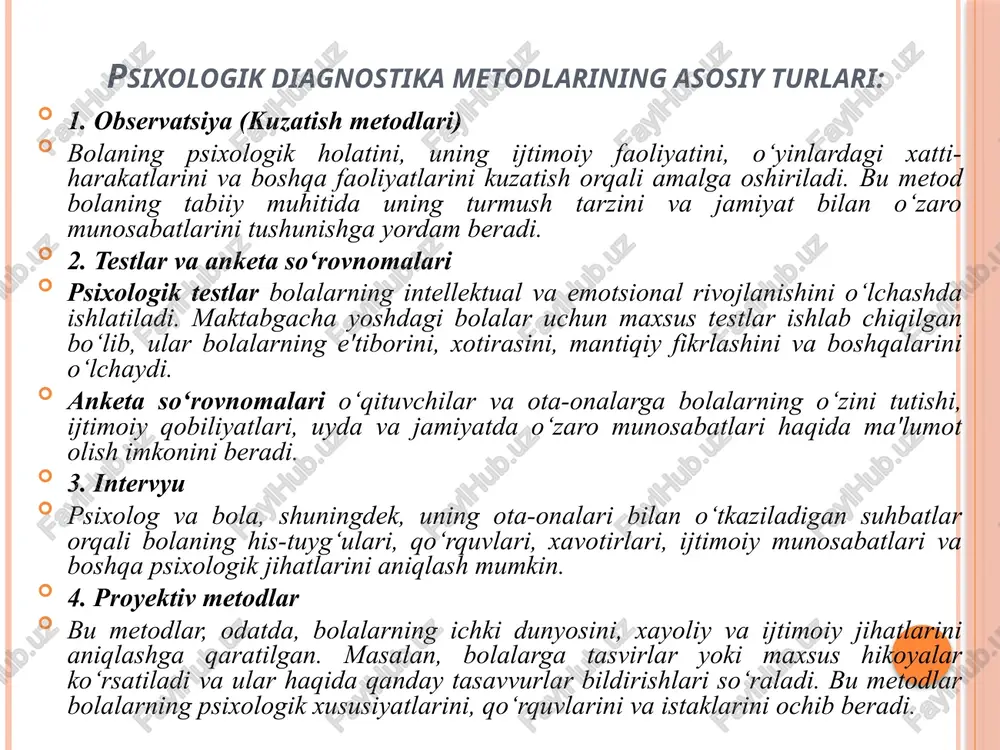 uziladi, kuzatish manzili, muddati belgilanadi. kuzatish ikki turga asoslanib kuzatiladi: qisqa va uzoq muddatli kuzatish; uzoq muddatli kuzatish; qisqa kuzatish deganda-obyektning kundalik faoliyatidagi oʻzgarishlardan maʼlum xulosaga kelish tushuniladi. uzoq muddatli kuzatish esa maqsad-reja asosida olib boriladi va maʼlum ilmiy, yakuniy xulosaga kelish tushuniladi. kuzatish yakunlarini qayd qilishda kino, video yozuvi, televideniya va boshqa texnikaviy vositalardan foydalanish mumkin. kuzatishni amalga oshirayotgan tadqiqotchi kuzatilayotgan hodisalarni tez qayd eta olish mahoratiga ega boʻlishi zarur. kuzatish metodining asosiy kamchiligi shundaki, unda kuzatilayotgan hodisalarga faol taʼsir koʻrsatish, ularni oʻzgartirish kuzatish amalga oshirilgan vaziyatni xuddi shunday koʻrinishda qaytadan yaratish imkonidir. shunga qaramay bu metod asosiy metodlardan biri hisoblanadi. maktabgacha yoshdagi bolalar psixodiagnostikasida suhbat va test metodlari. maktabgacha yoshdagi bolalar psixodiagnostikasida suhbat metodidan keng foydalaniladi. bu metodni 5-6 yoshli bolalarga nisbatan qoʻllash mumkin. bunda bolalarga turli mavzularga doir savollar beriladi. suhbat paytida bolalarga beriladigan savollar oldindan yaxshilab oʻylab olinadi. suhbat jarayonida javoblarni yozib olib, keyinchalik javoblarni tahlil …