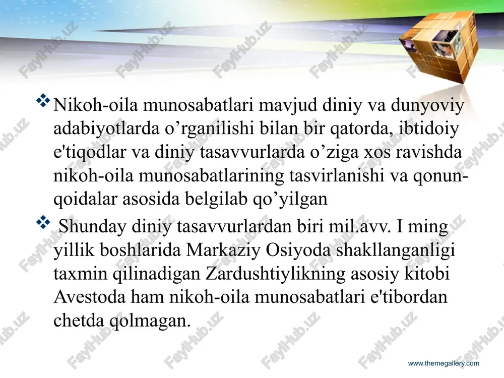 ati zohir bo’lsa bu nikohdan voz kechish huquqiga ega. 2.er erkaklik qobiliyatiga ega bo’lmagan taqdirda ayol taloq qilish imkoniyatidan foydalana oladi. 3.uch yil davomida ham er oilaning moddiy jihatini ta’minlay olmay, hatto ayolini boqa olmasa, xotin bunday erni tashlab keta oladi, ya’ni taloq qila oladi. 4.agar tomonlar bir-birlarining boshqa er va xotin bilan zino qilganliklarini eshitsa yoki sezsa, bunday nikoh “harom” bo’ladi hamda tomonlar bir-birlarini taloq qiladilar. 5.agar xotinning hayoti er zulmidan xavf ostida qolsa, u o’z juftini taloq qila oladi. 6.erkak kishi uylanish paytida oldingi xotinini bekitsa, to’ydan keyin bu sir fosh bo’lsa, bunday nikoh botil hisoblanadi. 7.erkak yoki ayol zardusht dinidan yuz o’girsa, ya’ni boshqa dinini qabul qilsa, taloq vojibdir. zardushtiylikda oila muqaddas sanalganligi uchun boshqa sabalarga ko’ra, jumladan ig’vo, tuhmat, er-u xotinning o’zaro kelishmovchilikiga , ota-ona bilan chiqisha olmaslik bahonasi bilan nikohni bekor qilishiga yo’l qo’yilmagan. xotin qizlar orasida uchrab turadigan bo’hton, chaqmachaqarlik, xusumat gunohi azim sifatida …