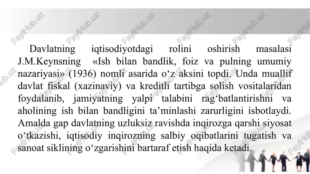 shqarish va makroiqtisodiy barqarorlikni saqlash. davlat byudjetining tarkibi davlat byudjeti ikki asosiy qismdan iborat: byudjet daromadlari byudjet xarajatlari byudjet daromadlari bu davlatning turli manbalardan tushadigan mablag‘larini o‘z ichiga oladi. ular quyidagi asosiy qismlarga bo‘linadi: soliq tushumlari – davlat byudjetining asosiy daromad manbai. u quyidagilardan iborat: qo‘shilgan qiymat solig‘i (qqs), daromad solig‘i, aksiz soliqlari yer, mol-mulk va h.k byudjet daromadlari nodavlat daromadlar – davlatning soliqsiz tushumlari: davlat mulkidan tushgan daromadlar (ijara, dividendlar) davlat monopoliyalaridan tushgan daromadlar davlat boji va yig‘imlari byudjet daromadlari tashqi va ichki qarzlar – hukumatning xalqaro moliyaviy tashkilotlardan yoki mahalliy bozor orqali olgan qarzlari. grantlar va yordamlar – xalqaro tashkilotlar va boshqa davlatlardan olinadigan moliyaviy yordamlar. byudjet xarajatlari byudjet xarajatlari davlat tomonidan bajariladigan vazifalarni moliyalashtirish uchun ishlatiladi. u quyidagi yo‘nalishlarga bo‘linadi: 🛡 ijtimoiy soha xarajatlari – davlat budjetining eng katta qismini tashkil qiladi: ta’lim, sog‘liqni saqlash, pensiya va ijtimoiy yordam, madaniyat va sport byudjet xarajatlari 🏗 iqtisodiy rivojlanish …