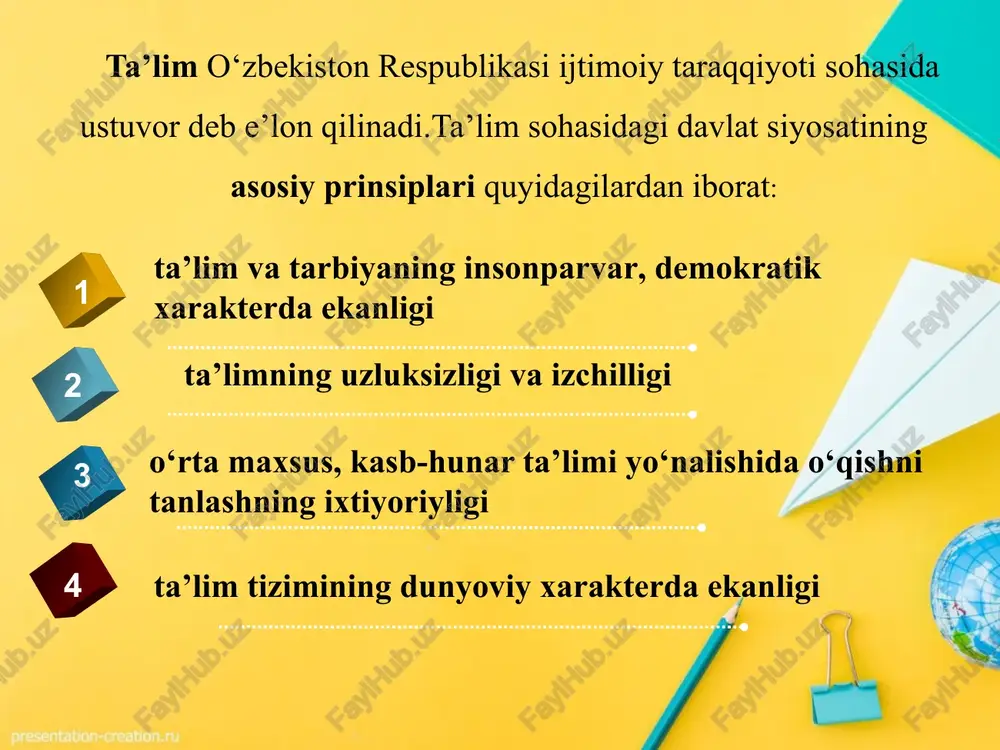 ich asoslardir ta’limning mazmunli tamoyillari ular ta’lim mazmunini tanlash bilan bog‘liq bo‘lgan qonuniyatlarni aks ettiradi va quyidagi g‘oyalarni ifodalaydi: - fuqarolik; - ilmiyligi; - tarbiyalovchi ta’lim; - fundamentalligi va amaliy yo‘nalganligi (ta’limning hayot bilan, nazariyaning amaliyot bilan bog‘liqligi); - tabiat bilan uyg‘unligi; - madaniyat bilan uyg‘unligi; - insonparvarligi. maxsus didaktika ruhiy jismoniy rivojlanishida nuqsonlari bo‘lgan shaxslar ta’limi va o‘qitilishi nazariyasi bo‘lib pedagogik jarayonning vazifalari, tamoyillari, mazmuni, uslublarini tashkil etilishini belgilaydi. alohida yordamga muxtoj bolalarni o‘rganishda rivojlanish tamoyili ko‘p qirrali va o‘ziga xos taqsimlanadi. bu esa ularning rivojlanishi va ta’limni tashkil etishning umumiy qonuniyatlari o‘ziga xos xususiyatlarini aniqlash imkonini beradi. maxsus pedagogika tamoyillari: -ta’limning ilmiyligi tamoyili - izchillik va ketma-ketlik tamoyili - nazariyaning amaliyot bilan bog‘liqligi tamoyili - ta’lim onglilik tamoyili - ta’limni ko‘rgazmalilik tamoyili - ta’limning tushunarliligi tamoyili - talimda yakka farqlangan (differensiallangan) yondashuv tamoyili -ta’limning korreksion yo‘nalganligi tamoyili nima uchun ta’lim bilan tarbiya bir birini bog’lab turadi? nima uchun? …