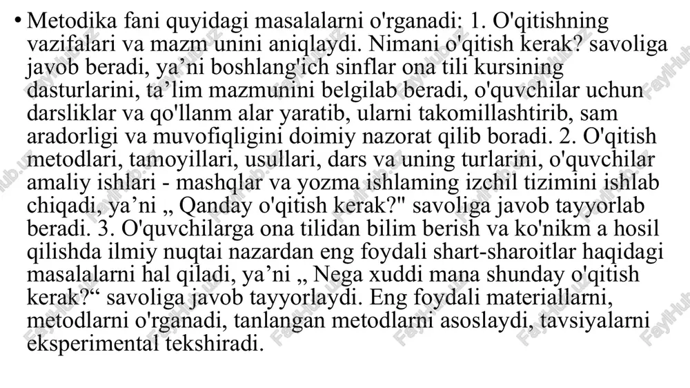 allaydilar. savod o‘rgatish jarayoni analitik-sintetik (tahlil-tarkib) tovush metodida savod o'rgatish jarayoni 4 oy davom etadi. bu jarayon quyidagi 2 davrga bo'linadi: a) alifbogacha tayyorgarlik davri (2 hafta); b) alifbo davri (31 dekabrgacha davom etadi). alifbogacha tayyorgarlik davri. bu davrning asosiy vazifasi o'quvchilarni maktab, sinf, tartib-intizom qoidalari va o'quv qurollari bilan tanishtirish, nutq o'stirishga oid mashqlar o'tkazib, fonematik eshitishni o'stirishdan iboratdir. alifbogacha tayyorgarlik davri, o'z navbatida, quyidagi 2 bosqichga bo'linadi: 1. harf o'rganilmaydigan bosqich (1 hafta). 2. unli tovush va harf o 'rganiladigan bosqich (1 hafta). 1-bosqichda o'quvchilarga og'zaki va yozma nutq haqida, gap, so'z, bo'g'in va tovushlar haqida, nutqning gaplardan, gaplarning so'zlardan tuzilishi, so'zlam ing bo'g'inlarga bo'linishi, bo'g'inlarning tovushlardan tashkil topishi haqida m a’lumot beriladi, tovushlarning unli va undosh tovushlarga ajratilishi o'rgatiladi, ulardan amaliy foydalana bilish ko'nikmalari hosil qilinadi. o'nikm alar hosil qilinadi. 2-bosqichda unli tovushharflar o'rgatiladi. bunda ularning quyidagi uch xususiyatini o'quvchilar amaliy ravishda puxta egallashlariga erishish lozim: a) …