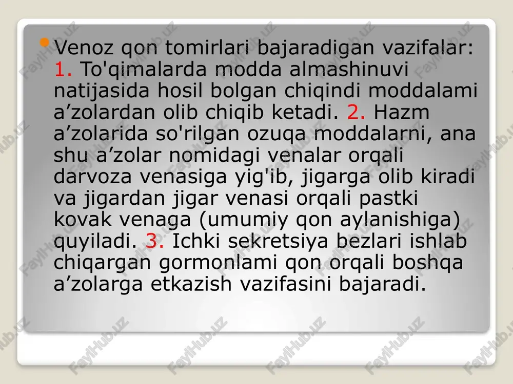 icularis anterior ham da chap qirradagi vena — v. marginalis sinistra larning quyilishidan hosil bo'ladi; 2) v. ventriculi sinistri — chap qorincha venasi; 3) v. obliqua atrii sinistri — chap bo'lmachaning qiyshiq venasi; 4) v. cardiaca media — yurakning o'rta venasi; 5) v. cardiaca parva — yurakning kichik venasi. bu venaga v.marginalis dextra — o'ng qirra venasi, hamda v. venticuli dextri — o'ng qorincha venalari quyiladi; 6) v.v. cardiaca minimae — yurakning mayda (eng kichik) venalari o'ng bo'lmacha venalaridan — v.v.atriales dextrae hamda o'ng qorincha venalari — v.v. ventriculares dextrae dan tashkil topadi. bundan tashqari yurakda r .vessen (1706) va a.tebeziya (1708) tomonidan aniqlangan, yurakning qorinchalariga ochiladigan qon tomirlar ham bo'ladi. o'pka venalari ikki juft bo'lib, yurakning chap bo'lmasiga quyiladi. vena nomi bilan atalsa ham ichida kislorodga boy bo'lgan arterial qon bo'ladi. venae pulmonales o'pka venalari quyidagi venalardan hosil bo'ladi: 1) venae pulmonales dextra superior — o'ng o'pkaning yuqori venasi; …