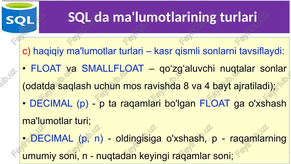 anishlarni kiritish agar jadval yaratishda maydonga unique ustun cheklanishi qo'yilsa, ma'lumotlar bazasi satrlaridan biri uchun ushbu maydonga boshqa satrda mavjud bo'lgan qiymatni kiritish har qanday urinishni rad etadi. masalan : create table salepeople ( snum integer unique, sname char (10), city char (10), comm float ); 17 birlamchi kalitlarni yaratish birlamchi kalit primary key ifodasi yordamida yaratiladi. jadvalda faqat bitta birlamchi kalit bo'lishi mumkin. birlamchi kalitni yaratishning ikkita usuli mavjud: 1) ustundagi cheklanishlar shaklida (oddiy birlamchi kalit uchun); 2) jadvaldagi cheklanishlar shaklida (oddiy yoki murakkab birlamchi kalit uchun). 18 birlamchi kalitlarni yaratish 1-usul create table salepeople ( snum integer primary key, sname char (10), city char (10), comm float ); 2-usul create table orders ( onum integer, amt double , odate date , cnum integer, snum integer, primary key (cnum, snum)); 19 tashqi kalitlarini yaratish 1-usul: ustundagi cheklanishlar shaklida create table orders ( onum integer, amt double , odate date …