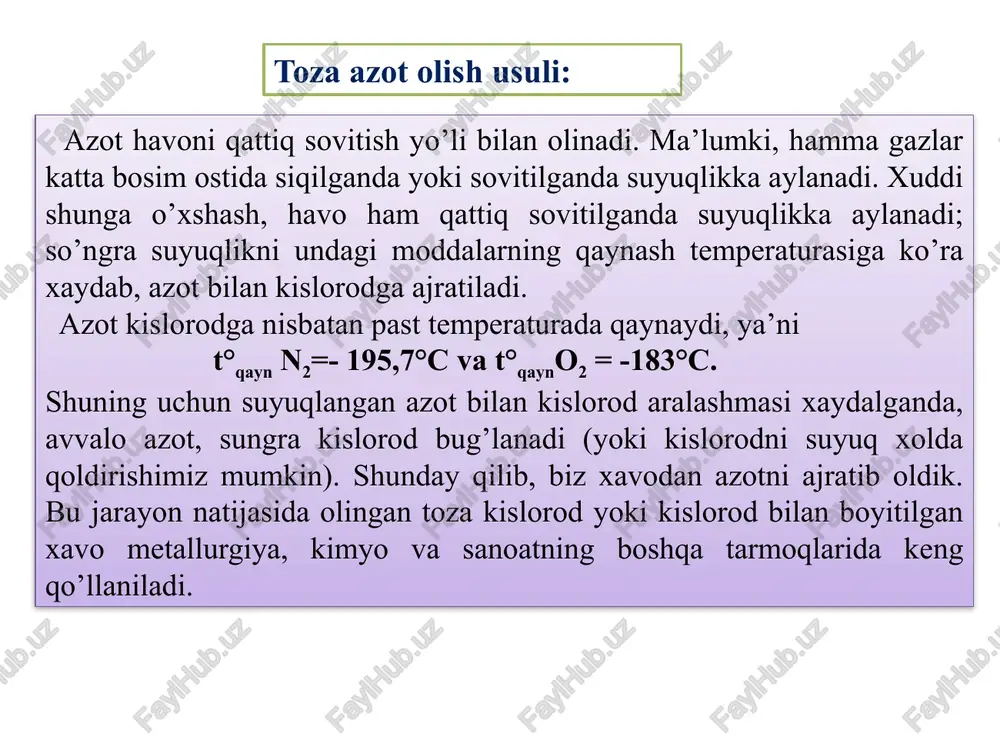 rnst va gaber kimyoviy muvozanat va kimyoviy kinetika haqidagi ta’limotdan foydalanib, nazariy jihatdan va tajriba orqali ammiakning azot va vodorod bilan muvozanatini yuqori bosim va sharoitlarning keng oralig’ida tadqiq qilishdi. ammiak uch usul bilan sintez qilinadi: a) 10 mpa bosimda – past bosimda b) 25-60 mpa bosimda, ya’ni o’rta bosimda c) 60- 100 mpa bosim, ya’ni yuqori bosim ostida ishlaydigan qurilmalar mavjud. o’rta bosim ostida ammiak sintez qilish apparatining sxemasi 2- rasmda ko’rsatilgan. birinchi kolonna mahsus po’lat quymasini parmalab yasalgan qalin devorli silindrik korpusdan iborat uning ichki diametri 1-1,5 m va balandligi 10-15 m bo’lib ichiga diametri kichiqroq va yupqa devorli ikkinchi silindr o’natilgan. ichki silindrning yuqori qismiga to’r o’rnatilgan bo’lib, uning ustiga katalizator joylashtirilgan. hozirgi vaqtda sanoatda ammiak sintezini katalizator ishtirokida (kukunsimon temir kaliy va alyuminiy oksidlari yuqi bilan) 20 m balandlikdagi kolonnalarda amalga oshiriladi. chunki sintez yuqori haroratda (450 – 5000s) va yuqori bosimda ro’y beradi (30 – …
