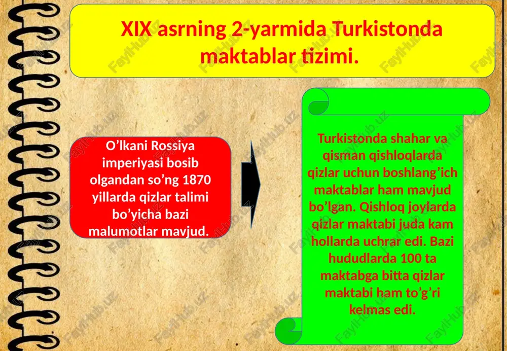 a ko’proq o’rgatilar edi; bundan maqsad mahalliy aholining bolalarini maktabga ko’proq jalb qilish edi. turkistonda dastlabki rus o’rta o’quv yurtlari 1870 yillardan ochila boshladi: 1876 yili toshkentda, verniyda (hozirgi olmaotada) erlar va xotn-qizlar gimnaziyalari. 1879 yili esa toshkentda o’qituvchilar seminariyasi ochildi. gimnaziyalarga ham erli aholining bolalari qabul qilinar edi. o’qituvchilar seminariyalarida esa mahalliy aholi bolalariga 1/3 o’rin ajratlgan edi. 1880 yillar 1880 yillarning boshlariga kelib rus maktablarida o’qiydigan o’zbek va tojik bolalari uchun islom dinini o’qitsh kerak, toki ota-onalari bu maktablardan qo’rqmasinlar, degan fikr tarqalgan edi. turkiston mamurlari bu fikrning qanchalik to’g’ri ekanligini tekshirishga qaror qildilar. 1884 yil 19 dekabrda toshkentda, «eski shahar» qismida sinab ko’rish uchun birinchi rus-tuzem maktabi ochilgan edi. 10 yillardan keyin toshkentda bunday maktablar soni to’rttaga ko’paydi bu tipdagi maktablar o’lkadagi yirik shaharlar hamda qishloqlarda ham tashkil etila boshladi. o’lkada rus, rus-tuzem maktablari ilk bor xix asrning 70 – yillarida yuzaga kelgan bo’lsa, 1904 yilga kelib …