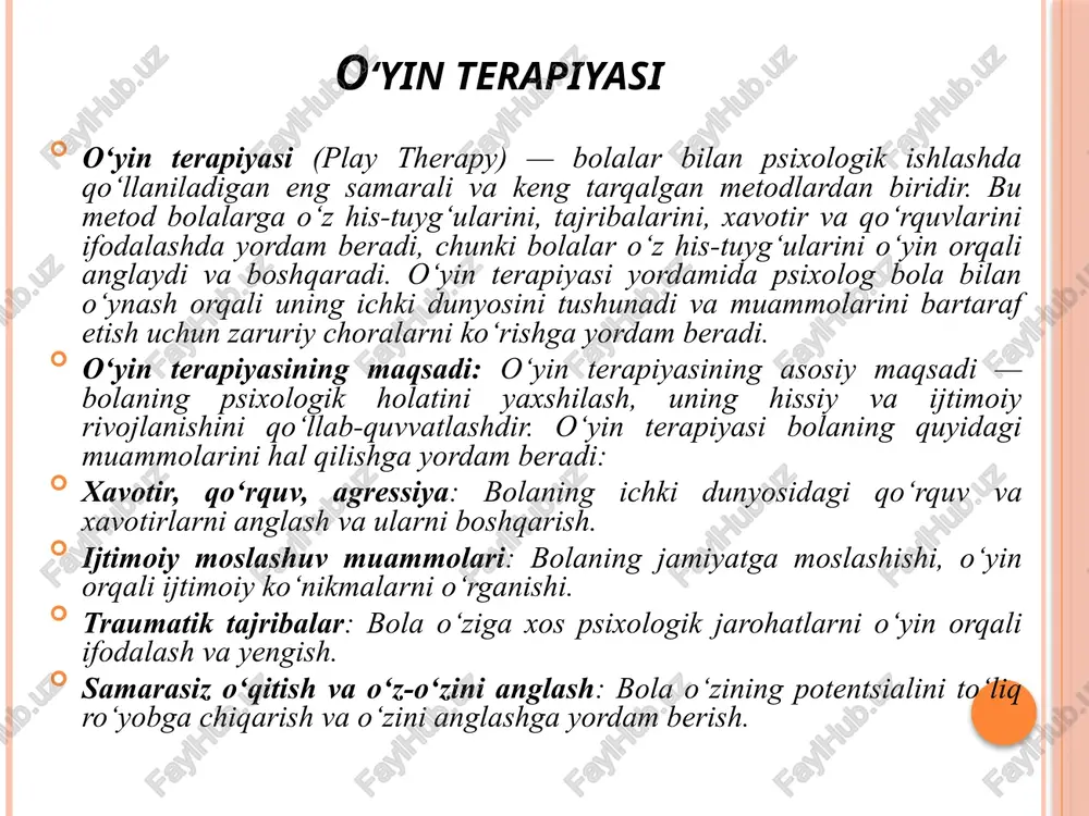molarini anglaydi va ularni bartaraf etish yo‘llarini o‘rganadi. bu metod bolalarning psixologik holatini yaxshilashda, ijtimoiy va hissiy rivojlanishini qo‘llab-quvvatlashda muhim rol o‘ynaydi. 2.art terapiyasi art terapiyasi (art therapy) — bu insonning hissiy holatini va psixologik muammolarini hal qilishda san'at vositalarini, ya'ni rasm chizish, haykaltaroshlik, kollaj yaratish va boshqa ijodiy faoliyatlarni qo‘llashga asoslangan psixoterapevtik metoddir. art terapiyasining asosiy tamoyili — san'at orqali inson o‘zining ichki dunyosini, hissiyotlarini, qo‘rquvlarini, xavotirlarini ifodalaydi va o‘zi bilan bog‘liq psixologik muammolarni hal qiladi. bu metod asosan bolalar, yoshlar, kattalar, shuningdek, travmatik tajribalarga ega bo‘lgan shaxslar uchun samarali hisoblanadi. art terapiyasining maqsadi: art terapiyasining asosiy maqsadi — shaxsning ichki holatini yaxshilash, o‘z his-tuyg‘ularini anglash, o‘zini ifodalash va psixologik muammolarni yengishdir. bu metod orqali: o‘zini anglash va rivojlanish: art yordamida shaxs o‘z ichki dunyosini anglab, o‘zining chuqur hissiyotlarini tushunadi. stressni kamaytirish: art terapiyasi hissiy holatni tinchlantirish, stressni kamaytirish va yengillikni ta'minlashda yordam beradi. muammolarni hal etish: o‘zingizni ifodalash …