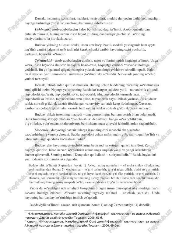 ovuq, 8 marta g‘oz, 6 marta fil, shuningdek, baliq, qurbaqa, kalamush, quyon qiyofalarida qayta tug‘ilgan. jami 550 marta qayta tug‘ilgan. u doimo qaerda, qay qiyofada tug‘ilishini o‘ziga o‘zi belgilagan. so‘nggi marta uni xudolar insoniyatni to‘g‘ri yo‘lga boshlashi uchun inson qiyofasida yaratganlar. bu afsonalarning ba’zilariga ko‘ra, yer yuzida gautamaga qadar 6 ta budda o‘tgan. shuning uchun buddaviylikning ba’zi muqaddas joylarida 7 ta ibodatxona barpo etilgan. 7 ta bodxa daraxti o‘tkazilgan. ba’zi afsonalar 24 ta budda avlodi o‘tgan desa, ba’zilari minglab buddalar o‘tgan deb da’vo qiladi. ta’limoti. buddaviylik qadimiy hind diniy-falsafiy ta’limotlari asosida vujudga kelgan, o‘ziga xos nazariyot va amaliyotdan iborat bo‘lgan diniy tizimdir. budda yangi diniy qonun-qoidalar, rasm-rusumlar ishlab chiqmagan, balki har bir inson tug‘ilish va o‘lim mashaqqatlaridan qutulishi uchun amal qilishi lozim bo‘lgan bir necha ko‘rsatmalarni ishlab chiqdi, xolos. uning ta’limoti insonning xayolida, ishlarida va o‘zini tutishida samimiy oliyjanoblik g‘oyasini ilgari suradi. u vedalardagi gunohsizlik ta’limotini inkor qildi, hayvonlarni vahshiyona …