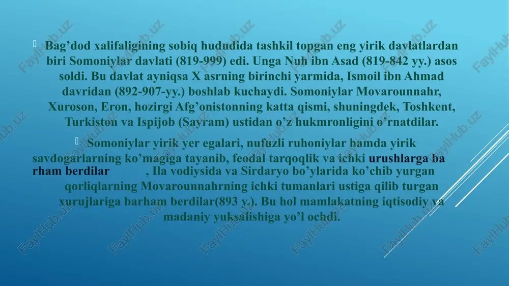 nonim «tavorixi guzida» («nusratnoma»), muhammad solih «shayboniynoma», zahiriddin bobur «boburnoma», abulg’ozi bahodurxon «shajarayi tarokima», «shajarayi turk va mo’g’ul», munis va ogahiy «firdavs ul-iqbol», mirzo olim toshkandiy «ansob as-salotin». image1.jpeg /docprops/thumbnail.jpeg 1. ota osvo xvm estorda: 2 ora osiyoning xiv-vi estexterxiga oid yourna manbolort 3 xelosa