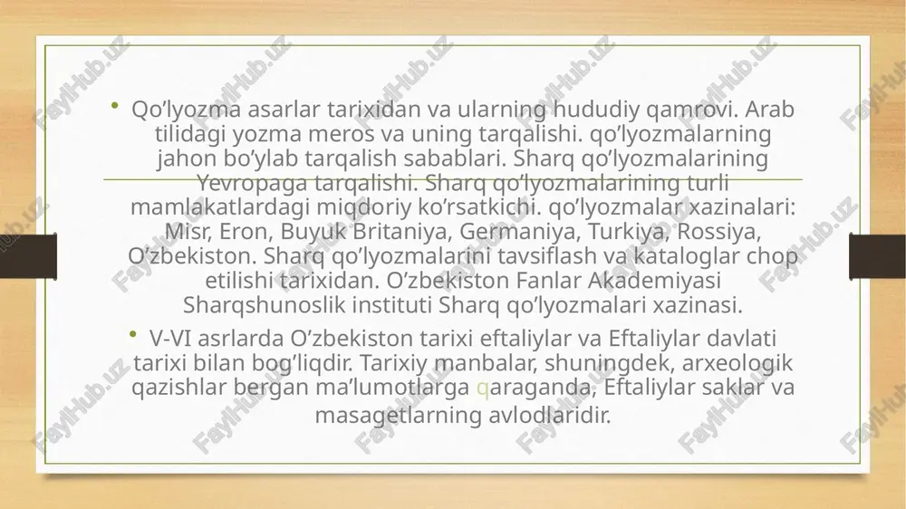 bolo xilishi hukmronligi yillari 10 toifaga bo’lingan. masalan, chu daryosining o’ng tarafida istiqomat qiluvchi xalqlar nushibi (5 toifa), daryoning so’l sohilida istiqomat qiluvchilar esa dulu (5 toifa) deb atalgan. ko’p o’tmay bu toifalar o’zlarining mustaqil davlatini tuzib oldilar. bu o’zaro feodal kurashning kuchayishiga olib keldi. foydalaniladigan adabiyotlar ro‘yxati 1. mirziyoev sh.m. erkin va farovon demokratik o'zbekiston davlatini birgalikda barpo etamiz. o'zbekiston respublikasi prezidenti lavozimiga kirishish tantanali marosimiga bag'ishlangan oliy majlis palatalarining ko'shma majlisidagi nutq. - t.: o'zbekiston, 2016. 2. mirziyoev sh.m. qonun ustuvorligi va inson manfaatlarini ta'minlash yurt taraqqiyoti va xalq farovonligining garovi. -t.: o'zbekiston, 2017. 3. mirziyoev sh.m. buyuk kelajagimizni mard va oliyjanob xalqimiz bilan birga quramiz. -t.: o'zbekiston, 2017. 4. madraimov a., fuzailova u. tarixiy manbash unoslik . o‘quv qo‘llanma. – t.: fan, 2010. 5. ahmedov b. o'zbekiston tarixi manbalari (qadimgi zamon va o'rta asrlar). – t., 2001. image3.png image4.png /docprops/thumbnail.jpeg + mavzu: arab yozuvidagi (arab, fors turkey …