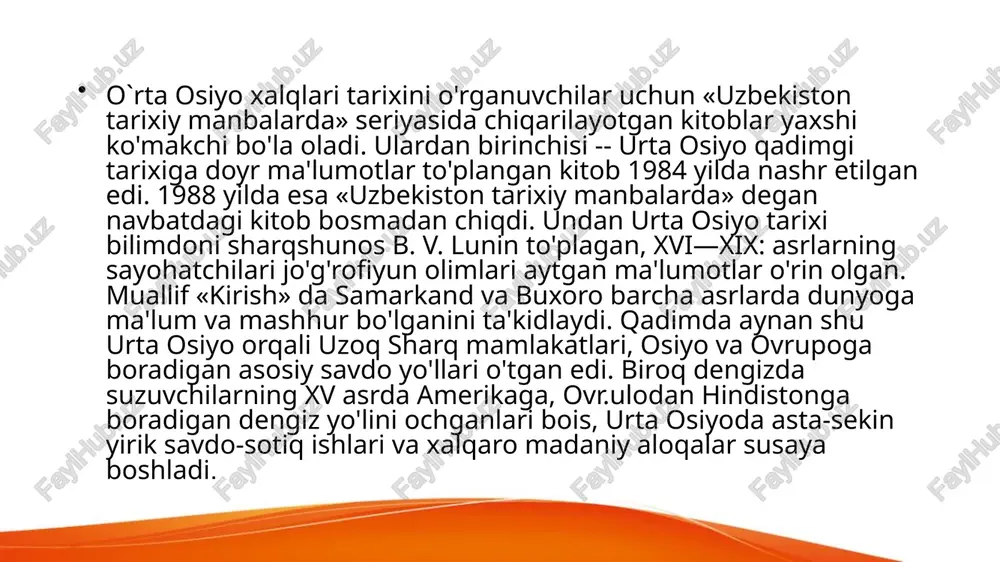 muallifi buxorolik mashhur shoir va muarrix hofiz tanish ibn mir muhammad al-buxoriydir. uning hayoti va ilmiy-adabiy faoliyatiga oid ma'lumotlar kam. ayrim, qisqa ma'lumotlar «sharafnomayi shohiy» muqaddimasida va ba'zi tazkiralarda uchraydi. ana shu ma'lumotlarga qaraganda, hofizi tanish buxoriy va uning otasi mir muhammad shayboniy hukmdorlarga yaqin odamlar bo'lishgan. masalan, otasi mavlono mir muhammad, naqshbandiya tariqatkning namoyandalaridan biri, yirik olim mahdumi a'zam kosoniy (xoja ahmad ibn jaloliddin kosoniy; 1462—1542) ning hayoti va faoliyatiga bag'ishlangan «jome' ul-maqomat» da yozilishicha, shayboniy ubaydullaxbn (1534—1539) saroyida xizmatda bo'lgan; xvi asrning 50-yillari boshida koshg'arga ketib qolgan va oradan ikki yil o'tib o'sha yurtda qazo qilgan. hofizi tanish buxoriy 1583 yili abdullaxon ii ning xizmatiga kirgan va umrinipg oxirigacha shu xonning huzurida voqeanavis bo'lib xizmat qilgan. image3.jpeg image4.jpeg image5.jpeg image2.jpeg kyxha towkehthmhe axa ba japbo3ajiae™ luxap xebopiian yyiuert 18.2 ae a5 pany & isso eile ue dba /docprops/thumbnail.jpeg xvi-xix asarning boshlarida o°rta osiyo tarixining o°rganilishi + reja: 1. …