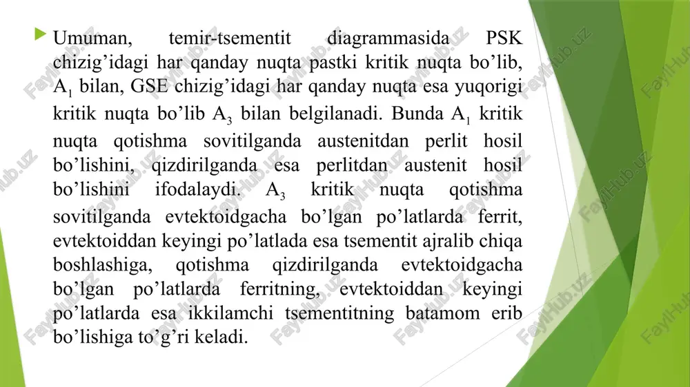 ning eng qattiq strukturasi austenitdan hosil bo’lgan martensit bo’lib, u po’latni kerakli temperaturagacha qizdirib ushlab turgandan keyin suvda tez sovutilganda hosil bo’ladi. sovituvchi muhit sifatida suvdan tashqari uyuvchi natriy yoki osh tuzining 10 % li eritmasi, mashina va transformator moylaridan ham foydalaniladi. po’lat as1 nuqtadan past temperaturagacha qizdirilib, har qanday tezlikda sovutilganda ham uning strukturasi va mexanikaviy xossalari o’zgarmaydi, chunki bunda martensit strukturasi hosil bo’lmaydi. evtektoidgacha bo’lgan po’lat as3 bilan as1 nuqtalar orasidagi temperaturagacha qizdirish yo’li bilan toblansa, qizdirish vaqtida ferritning bir qismi austenitga aylanmay qoladi va strukturasi martensit va ferritdan iborat bo’ladi, ya’ni chala toblanadi. po’latning qattiqligi esa nisbatan oshadi. po’latni qattiqligini butunlay, ya’ni to’la ortirish uchun uni as3 nuqtadan 30 - 50 0c yuqori qizdirilib, so’ngra sovutiladi. bunda po’latning austenit strukturasi butunlay martensitga aylanadi. po’latni toblanishi natijasida qattiqligining ortishi toblanuvchanlik deb ataladi. po’latning toblanuvchanlik darajasi  bilan ifodalanadi va quyidagi formuladan topiladi: bu erda: - toblangan po’latning qattiqligi; …