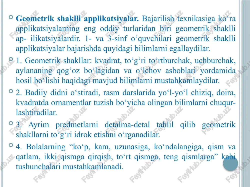 ali qurollar, turli o‘yinlar uchun qo‘llanmalar, o‘yinchoqlar, bayroqlar, suvenirlar, devoriy gazetalar, stendlar va hokazolarni bezashda ishlatiladi. applikatsiya bilan shug‘ullanish o‘quvchilarni garmonik rivojlantirishda katta ahamiyatga ega. applikatsiya ijodni rivojlantirishda katta yordam beradi, tasavvurni boyitadi, kuzatuvchanlik va diqqatni faollashtiradi, irodani tarbiyalaydi, chamalash va rangni sezishni o‘stiradi. applikatsiya ishini bajarishda asosiy e’tibor uning umumiy ko‘rinishiga qaratilishi kerak. yaxshi o‘ylangan kompozitsiya, ya’ni tasvirlash lozim bo‘lgan narsalarni joylashtirish applikatsiyalar muvaffaqiyatining garovidir.tasvirlash lozim bo‘lgan narsalar yordamida figura va narsalarning holati aniqlanadi, tasvirlangan hodisalarning uyg‘unligiga erishiladi. tasvirning barcha detallari, hatto eng kichiklari ham qog‘ozdan qirqiladi, ularni chizmaslik kerak. tayyorlangan detallar yelimlanadigan sath, ya’ni fonga joylashtiriladi va o‘ylangan tasvir hosil qilinadi, agarda bu tasvir ma’qul bo‘lmasa detallar boshqacha joylashtiriladi. detallarni yopishtirishda joyni adashtirmaslik uchun ularning o‘rnini qalam bilan belgilab qo‘yiladi. misol tariqasida eng oddiy geometrik shakl – kvadratni olib, uning almashinishini hosil qilish uchun turli holatlarda joylashtirib ko‘ramiz. ishni boshlash uchun markazni topish, simmetriya o‘qini o‘tkazish va elementlarni …