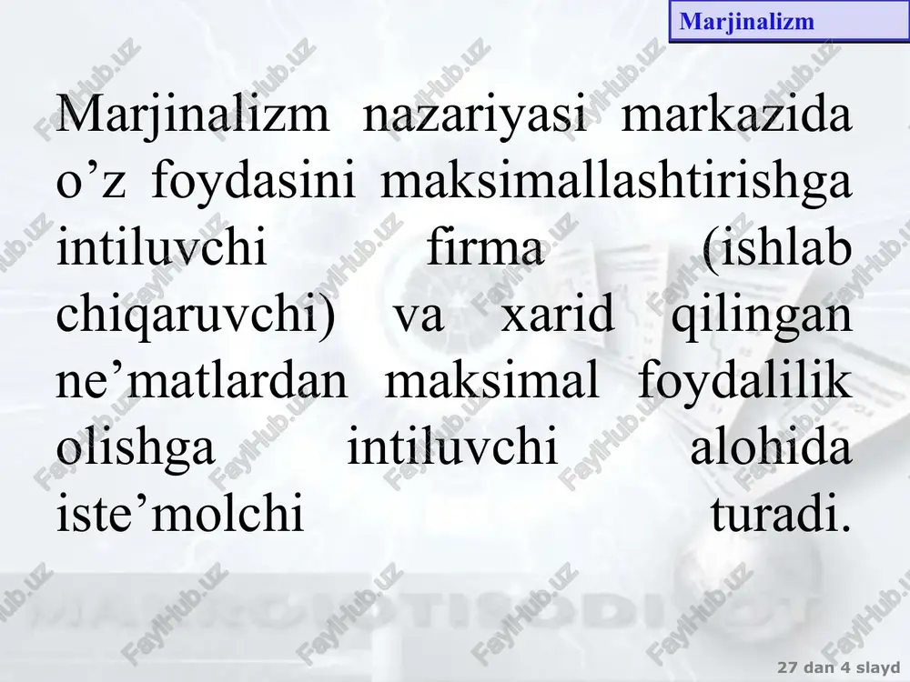 hop ettirmagan va havola va ilova bilan birga ma’lum qilgan. marshall nazariyotchi, gumanitar, matematik va tarixchining g’alati aralashmasi bo’lgan. 27 dan ‹#› slayd 12 mavzu. iqtisodiy o’sish iqtisodiyot tamoyillari 6 jilddan iborat va hayoti davomida uni 8 marta nashrdan chiqarishgan. jamiyatning normal hayot faoliyatini tadqiq etish bilan shug’ullangan. siyisiy iqtisod va iqtisod fani insoniyatning oddiy biznesdagi hayotini o’rgatadi, u insonning yoki jamiyatning moddiy boyligi va unga erishish bilan bog’liq bo’lgan yakka hamda ijtimoy harakatlarni tadqiq etadi. 27 dan ‹#› slayd 12 mavzu. iqtisodiy o’sish marshall xochi marshall o’zidan oldin o’tgan klassiklardan farqli ravishda, iqtisodiy kategoriyalarni “isbot’ talab etuvchi u yoki bu asosiy chegaralinishi maqsadga muvofiq deb hisoblaydi.bozorda erkin bahoning shakllanish muammosi asosiy o’rin egallaydi. bunda bozor muvozanati yagona organizm sifatida, xo’jalik yurituvchi subyektlar chaqqon va bir-biri to’g’risida yaxshi ma’lumotga ega. bozor bahosiga eng yuqori naf asosida aniqlanadigan talab bahosi va eng yuqori harajatlar bilan topiladigan taklif bahosining kesishish natijasi deb …