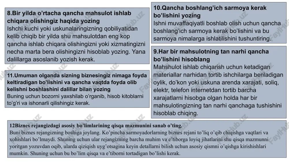 ini foydali yoki zararli, faoliyat davrlarini, xarajat, foydalarini texnik maketini tuzib oladi. ►biznes tavsifi. ►biznes maqsadni (missiyani) aniqlang. ►biznesingizning yuridik maqomini aniqlang. ►ishlab chiqarish jarayonini tavsiflang ►marketing yondashuvni ishlab chiking. ►moliyalashtirish rejasini ishlab chiking ►xodimlar bilan ishlash rejasini ishlab chiqing. ►ish rejasi (grafigi) ►xulosa biznes-rejaning tarkibiy qismi. 1. biznes tasnifi. ►o‘z biznes g‘oyangizni yozing. ►siz tomondan taklif etilayotgan maxsulot yoki xizmat turi xaqida ma’lumot bering. ►fikrlaringizni aniq ma’lumotlar asosida bayon qiling. 2. biznes maqsadi. ►biz kimning talablarini qondirishga urinayapmiz? ►biz mijozlarimizning qaysi extiyojlarini qondirmoqchimiz? ►biz ushbu talablarni qanday qondiramiz? 3. biznesning yuridik maqomi. •qaysi shaklda biznesingizni ro‘yxatdan o‘tkazasiz? •ushbu xuquqiy maqomni tanlashingizni sababi nimada? 4. ishlab chiqarish jarayoni tavsifi •siz nima ishlab chiqarasiz yo qanday xizmat ko‘rsatasiz? •ushbu jarayon qanday amalga oshadi? •ishlab chiqarishning (xizmatingizning) har bir bosqichini qisqacha bayon qiling 5. marketing •siz qanday maxsulot ishlab chiqarasiz? •uning o‘ziga xos xususiyatlari? •sizning segmentlaringiz kimlar? •bozordagi ulushingiz qanday? •narx qo‘yish …