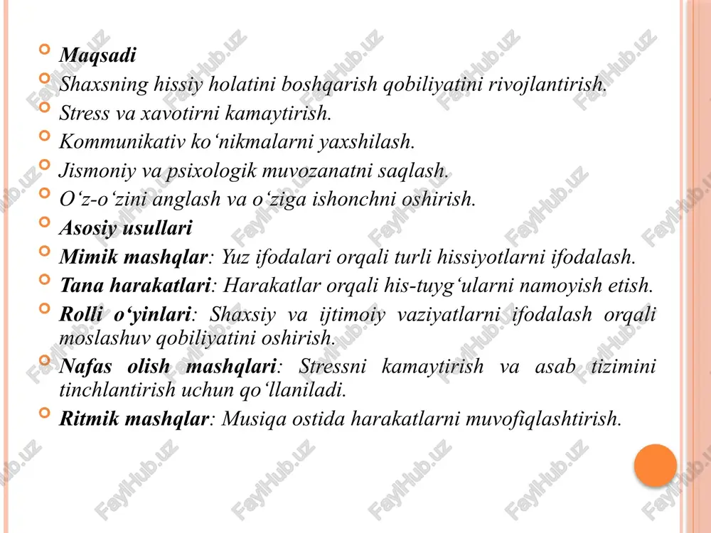 adi va emotsional holatni yaxshilaydi. bolalarning emotsional holatini yaxshilash usullari 1. psixologik yordam ko‘rsatish bolalar bilan doimiy suhbatlar orqali ularning his-tuyg‘ularini anglashga yordam berish. ularning his-tuyg‘ularini tinglash va tan olish. bolalarga hissiy ko‘nikmalarni o‘rgatish (masalan, g‘azabni boshqarish yoki o‘zini tinchlantirish). 2. o‘yin terapiyasidan foydalanish role o‘yinlari: bolalar turli vaziyatlarda o‘z his-tuyg‘ularini ifoda qilishni va boshqarishni o‘rganadilar. qum terapiyasi: bolalar qum orqali o‘z his-tuyg‘ularini ko‘rsatadi va stressdan xalos bo‘ladi. jismoniy o‘yinlar: jismoniy faoliyat orqali stressni kamaytirish va hissiy barqarorlikni tiklash. 3. art-terapiya usullari bolalarni rassomlik, haykaltaroshlik, rang berish yoki qo‘lda ishlangan asarlar yaratishga jalb qilish. san’at orqali bolaning ichki his-tuyg‘ularini aniqlash va boshqarish. ranglar terapiyasi yordamida emotsional muvozanatni tiklash. 4. musiqa va ritmik mashqlar bolalarni musiqa eshitishga, kuylashga yoki musiqiy asboblarda o‘ynashga rag‘batlantirish. ritmik mashqlar orqali hissiy energiyani chiqarishga yordam berish. 5. stressni boshqarish texnikalari nafas olish mashqlari va meditatsiya yordamida bolalarda tinchlanish ko‘nikmalarini rivojlantirish. har kuni bir necha daqiqa davomida …