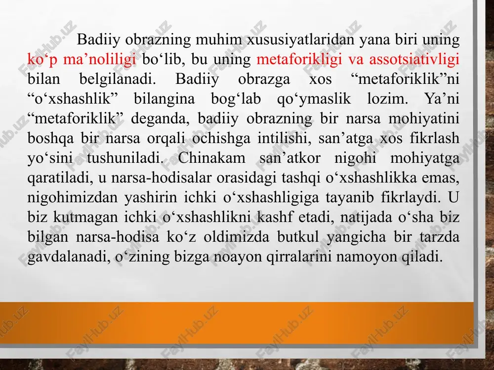 i detal deyiladi. obraz ifodalash usullaridan biri portret. masalan, “mehrobdan chayon”da ra’no gulining suvi bobida tasvirini keltiradi. detall, detallash – ifodalashning yana bir usuli, biror predmet orqali qahramon harakterini ochib berish. masalan, “sinchalak”da raisning xotini bug‘i chiqib turgan choynak olib keladi, stol ustida joy yo‘q, shunda u choynakni ishlab turgan televizor ustiga qo‘yib chiqib ketadi. shu detal bilan uning kimligini ko‘rsatadi. an’anaviy obrazlar – badiiy, ayniqsa, mumtoz adabiyotdagi an’anaviy obraz deyilganda, payg‘ambar, hukmdor, amaldor, avvaldan tanish bolgan asar qahramonlari; gul, bulbul, tikon, lola singari o‘simliklar, may, qadah singari predmetlar timsollari nazarda tutiladi. e’tiboringiz uchun rahmat! image3.jpg image4.jpeg image5.png image6.jpeg image7.jpeg a se ae rr sania aiaes a r 2) }a) paps | ‘oh poh ° alo! 4 bel iol peter aa] /docprops/thumbnail.jpeg haseanue npesenmauuu =
