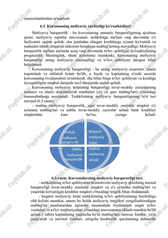 kelganda mumkin bo'lgan zarar miqdorini oshirish; - foydalanilayotgan moliyaviy vositalarning eskirganligi; - foydalanilayotgan moliyaviy texnologiyalarning eskirganligi; - moliyaviy boshqaruvning tashkiliy tuzilmasi samaradorligining pasayishi; - moliyaviy menejerlarning tashkiliy madaniyati pastligi; - moliyaviy inqirozning paydo bo'lishi yoki chuqurlashishi; - korxonani dushmanlik bilan bosib olish ehtimoli; - korxonaning bankrotligi va tugatilishi ehtimoli. shunday qilib, korxonaning moliyaviy xavfsizligini ta'minlash quyidagi uchta eng keng tarqalgan vazifani hal qilishga qaratilgan: - korxonaning moliyaviy rivojlanishi jarayonida himoya qilishni talab qiluvchi ustuvor moliyaviy manfaatlar tizimini yaratish; - korxonaning moliyaviy manfaatlarini amalga oshirishga tashqi va ichki tahdidlarni aniqlash va bashorat qilish; - korxonaning moliyaviy manfaatlariga tahdidlarni samarali tarzda zararsizlantirishni ta'minlash. 6.3. korxonaning moliyaviy xavfsizligi ko'rsatkichlari moliyaviy barqarorlik - bu korxonaning umumiy barqarorligining ajralmas qismi, moliyaviy oqimlar muvozanati, tashkilotga ma'lum vaqt davomida o'z faoliyatini saqlab qolish, shu jumladan olingan kreditlarga xizmat ko'rsatish va mahsulot ishlab chiqarish imkonini beradigan mablag'larning mavjudligi. moliyaviy barqarorlik ma'lum ma'noda uzoq vaqt davomida to'lov qobiliyati ko'rsatkichining …