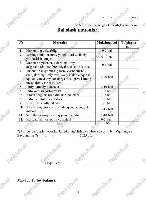 asalalardan biri sanaladi. kurs ishining obyekti. ushbu kurs ishining obyekti – mamlakatning to‘lov balansi va uning tarkibiy qismlaridir. xususan, eksport-import muvozanati, kapital harakati, rasmiy zahiralar bilan bog‘liq hisob-kitoblar kurs ishi obyekti sifatida qaraladi. kurs ishining maqsadi. kurs ishining asosiy maqsadi – to‘lov balansi tushunchasi, uning tuzilishi, shakllanish mexanizmi va mamlakat iqtisodiyotiga ta’sirini o‘rganish hamda amaliy misollar asosida tahlil qilishdan iborat. kurs ishining vazifalari kurs ishida quyidagi vazifalarni bajarish ko‘zda tutilgan: 1. to‘lov balansi tushunchasini nazariy jihatdan asoslash; 2. to‘lov balansining asosiy bo‘limlari va ularning iqtisodiy ahamiyatini aniqlash; 3. mamlakatning so‘nggi yillardagi to‘lov balansi holatini tahlil qilish; 4. to‘lov balansidagi muvozanatsizlik sabablari va ularni bartaraf etish yo‘llarini aniqlash; 5. amaliy takliflar ishlab chiqish orqali mamlakat to‘lov balansini barqarorlashtirishga oid tavsiyalar berish. kurs ishining usullari kurs ishida quyidagi ilmiy-tadqiqot usullari qo‘llanilgan: · taqqoslash usuli; · statistik tahlil usuli; · grafik va jadval ko‘rinishida axborotlarni vizual taqdim qilish; · tarixiy-tahliliy yondashuv; · amaliy …